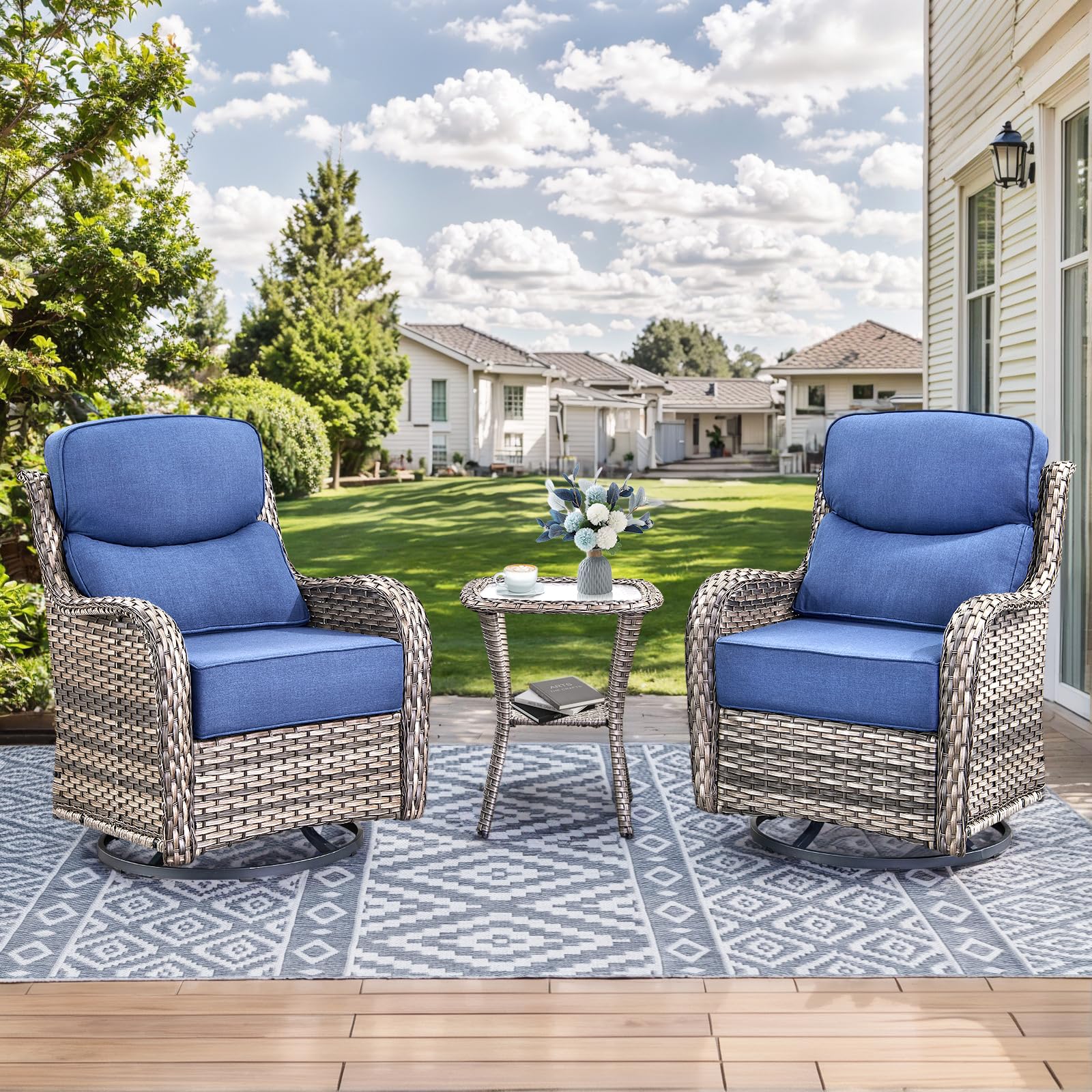 HUMMUH Outdoor Patio Wicker Swivel Rocker Chairs with 6-Inch Thick Cushion High Back 3 PCS Wicker Conversation Set for Porch Balcony Deck
