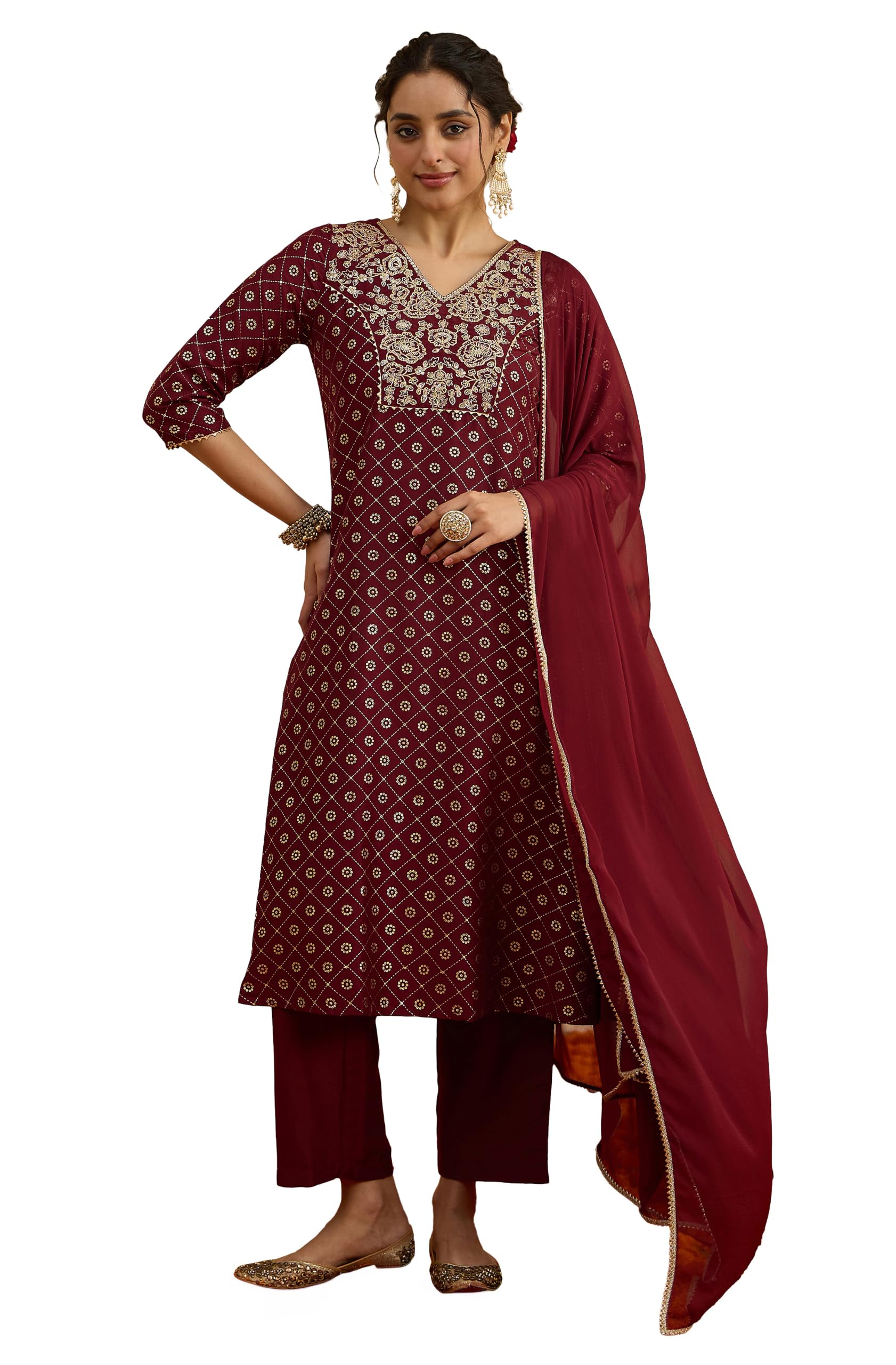 janasya Women's Brown Silk Blend Floral Yoke Embroidered Foil Printed A-line Kurta Set-picture-21