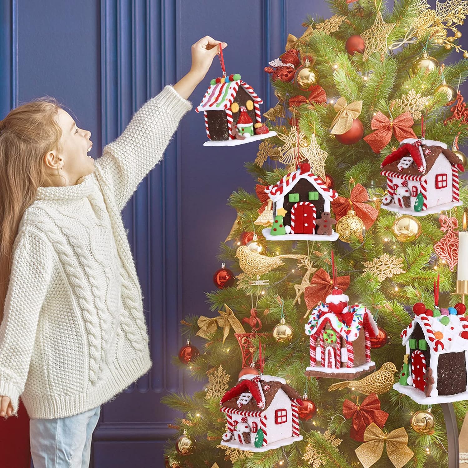 Funtery 6 Pcs Gingerbread House Ornaments for Christmas Tree Gingerbread Christmas Decor with Rope Xmas Hanging Ornaments for Tree Holiday Party New Year Home Decorations (Charming Style)