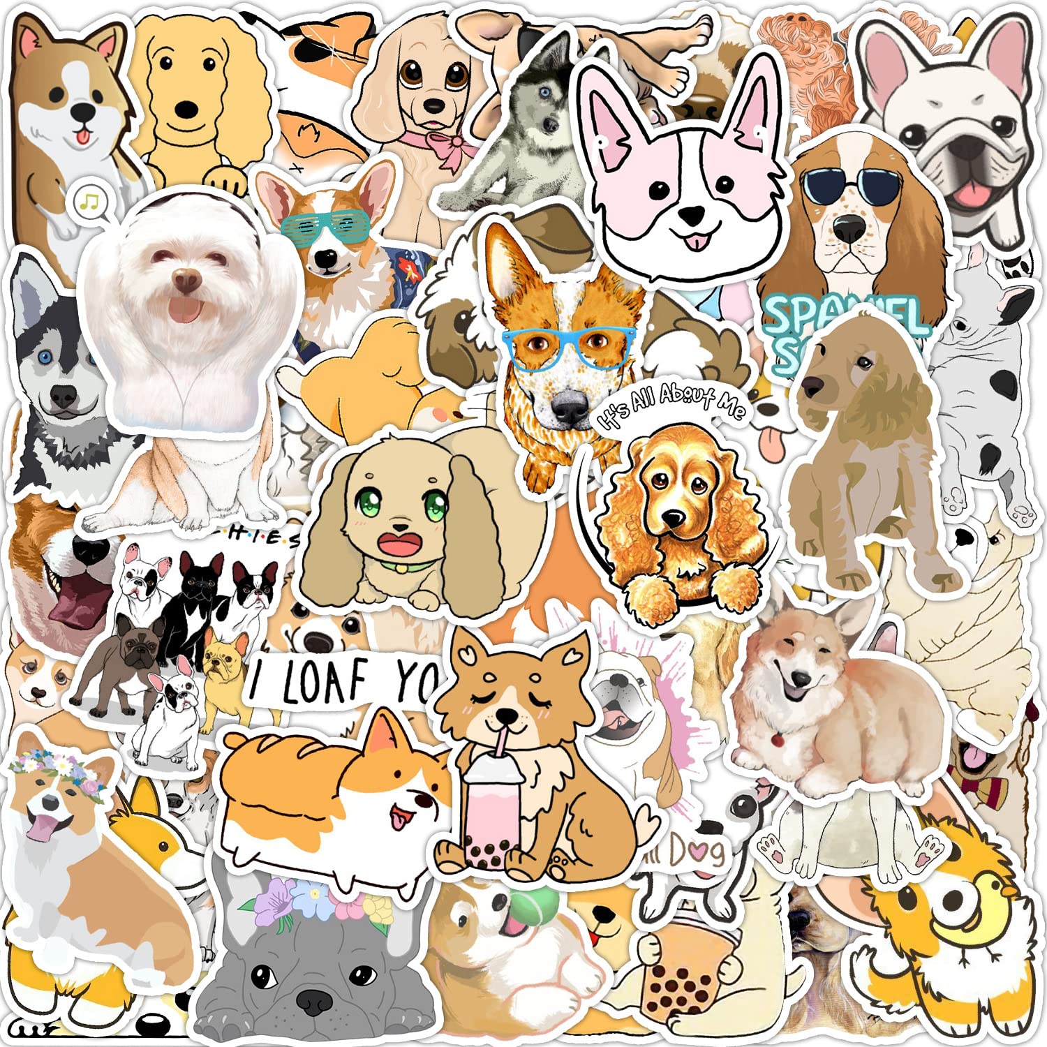 50Pcs Cartoon Dog Stickers Laptop Car Scrapbook Phone Skateboard Suitcase Luggage Bike Dog Stickers Vinyl Waterproof Aesthetic Personalised Stickers for Teens Boys Girls Adults Children