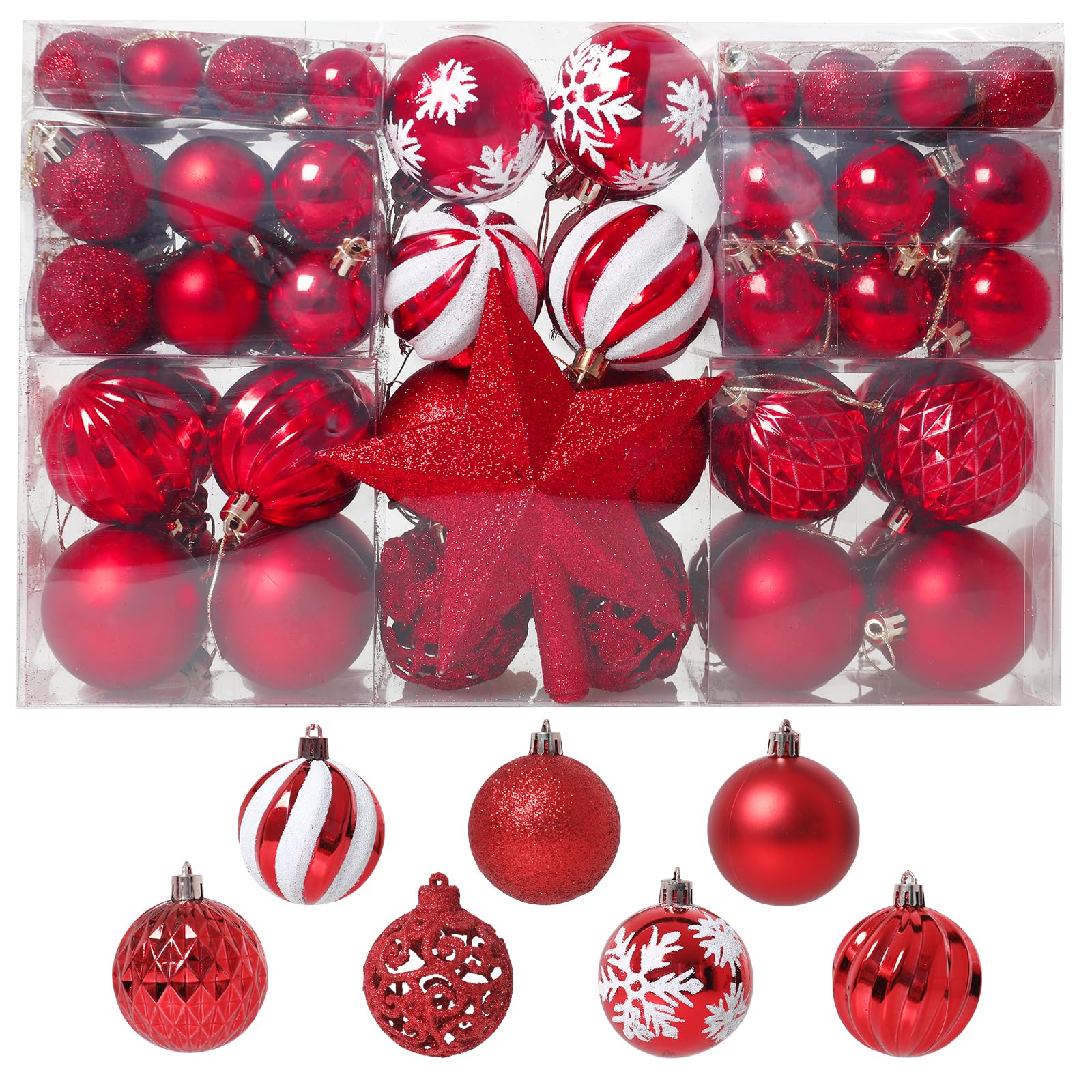 101PCS Christmas Ball Ornaments, Red Shatterproof Christmas Ball Ornaments Set for Christmas Tree, Assorted Hanging Ball Decorations for Xmas Tree Wreath Holiday Party Décor