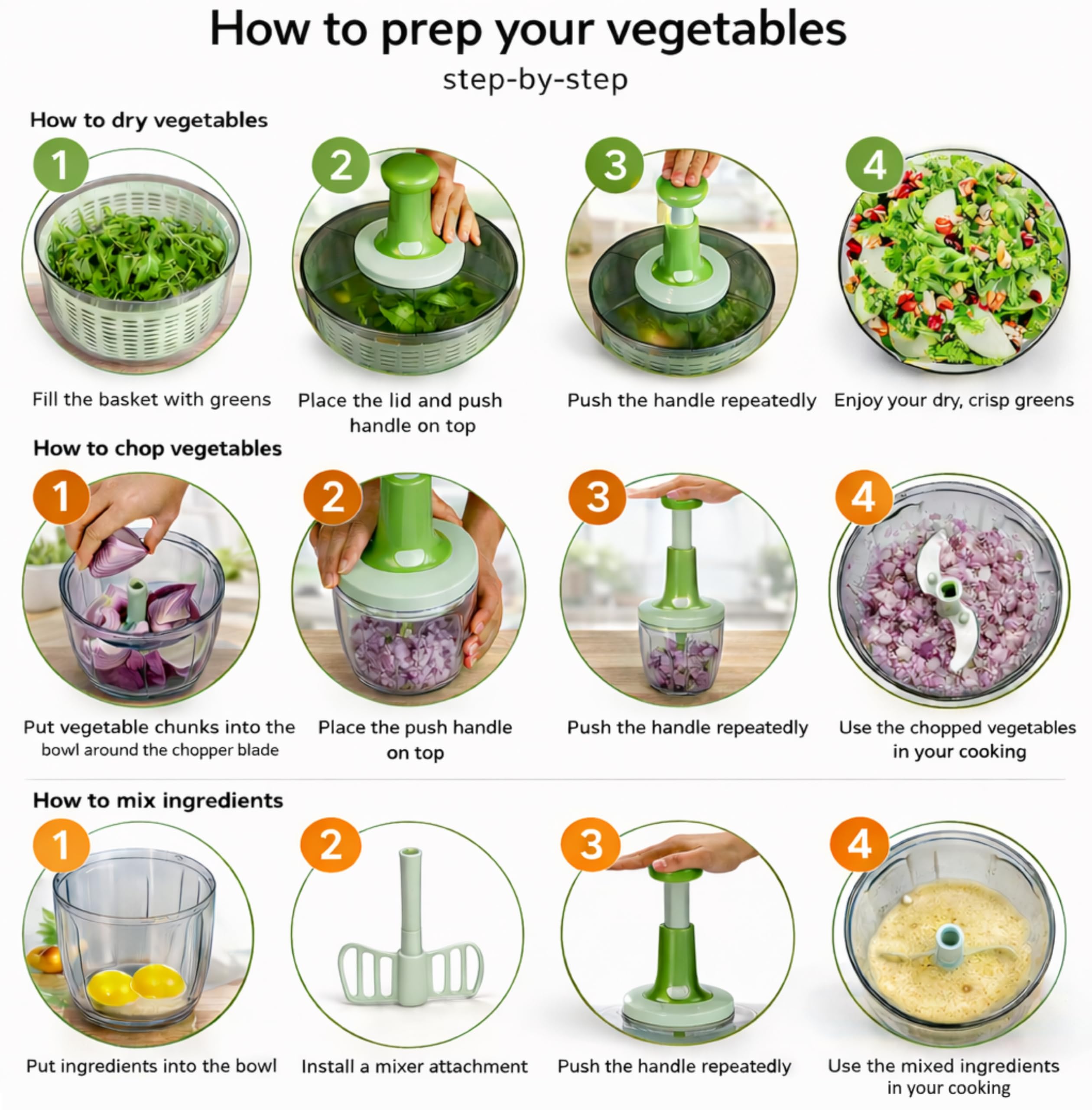 Brieftons Centrifugador y picador de ensalada: secadora grande de verduras de lechuga de 6 litros, con mezclador picador de verduras de 0,9 litros, almacenamiento compacto, fácil operación de empuje