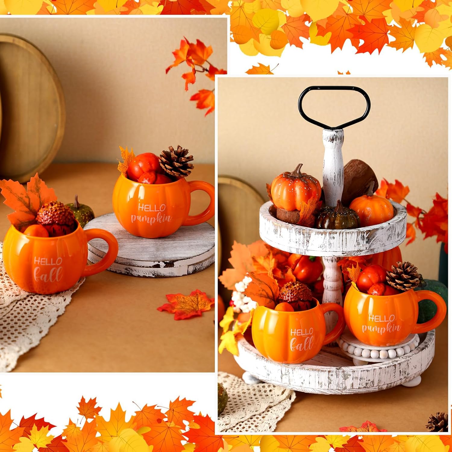 GlikCeil 2 Pcs Thanksgiving Pumpkin Coffee Mugs Fall Tiered Tray Decoration Autumn Ceramic Spice Cups 17 oz for Home Kitchen Fall Y'all Table Centerpieces Farmhouse Accessories Housewarming Gift