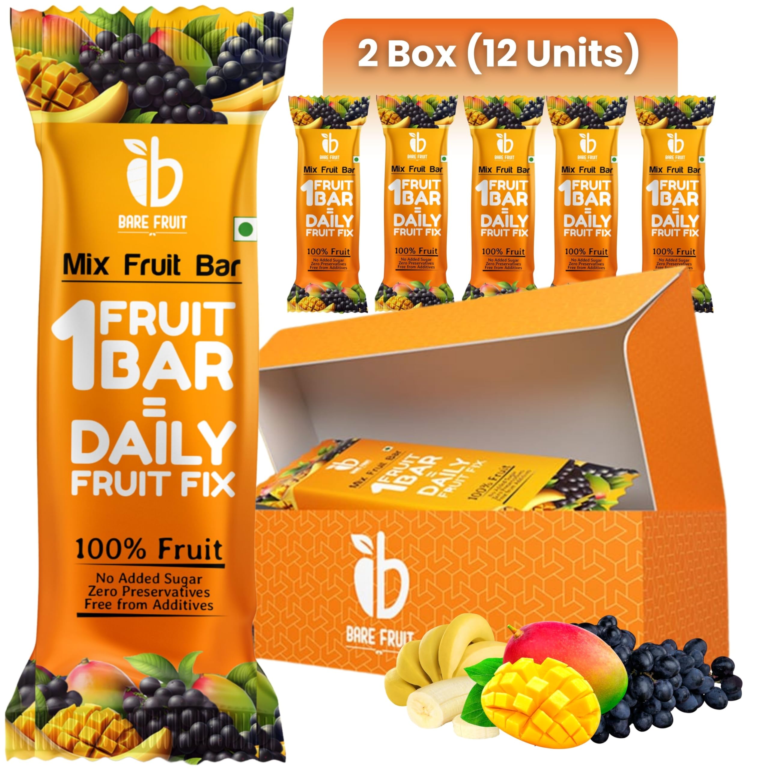 Mix Fruit Bar Rich In Vitamin A & C, Magnesium & Iron| No Added Sugar, Zero Preservatives, Additive-Free | | Healthy Energy Snack (Pack of 2 (12 units), Mixed Fruit),200 G