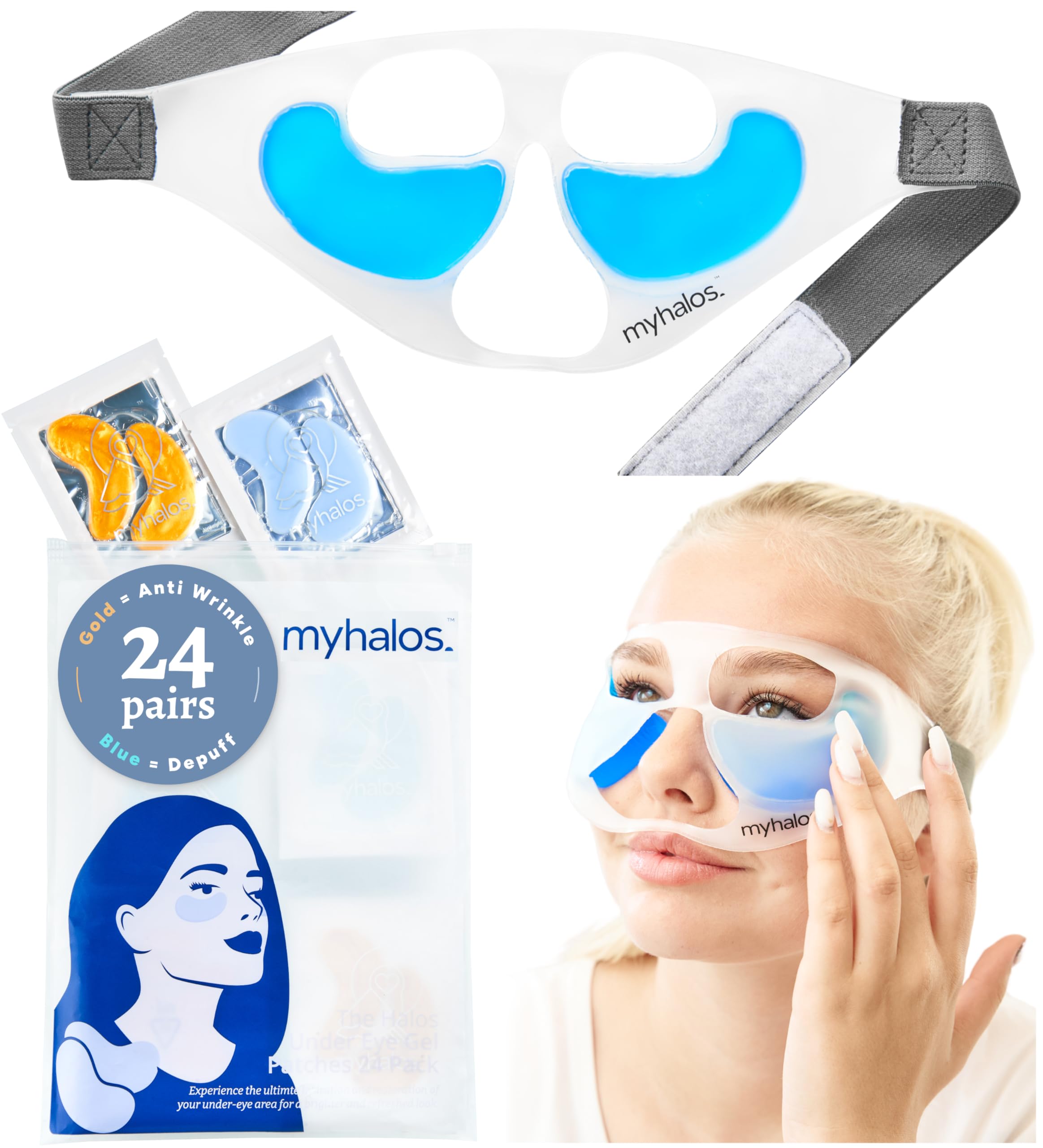 Under Eye Patches & Cooling Eye Mask Set-24 Eye Masks for Puffy Eyes and Eye Bags Remover Kit-24k Gold & Blue Under Eye Gel Patches Cold Eye Mask for Puffiness - Eye Masks Skincare-Patented