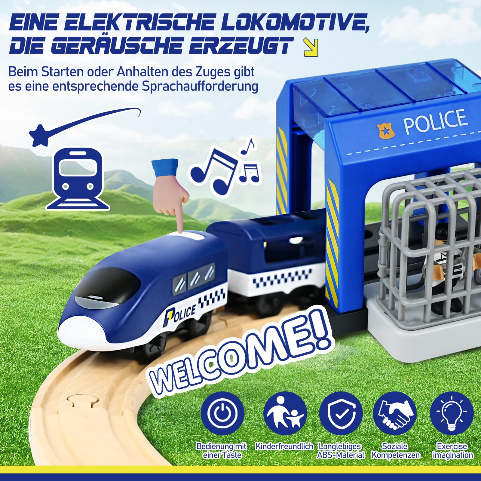Ulikey Holzeisenbahn Set Kinder, 72 Teiliges Holzeisenbahn Schienen und Zug Spielzeug, Modelleisenbahn-Set mit Elektrische Lok, Polizei und Räubern, Spielzeugeisenbahn Geschenk für Jungen und Mädchen