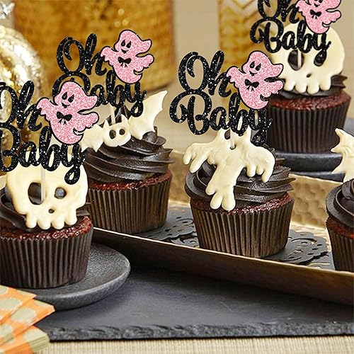 Miniatura 5 de Gyufise 24 adornos para cupcakes Ghost Oh Baby con purpurina con lazo espeluznante de Halloween, decoración para Halloween, temática de Halloween,