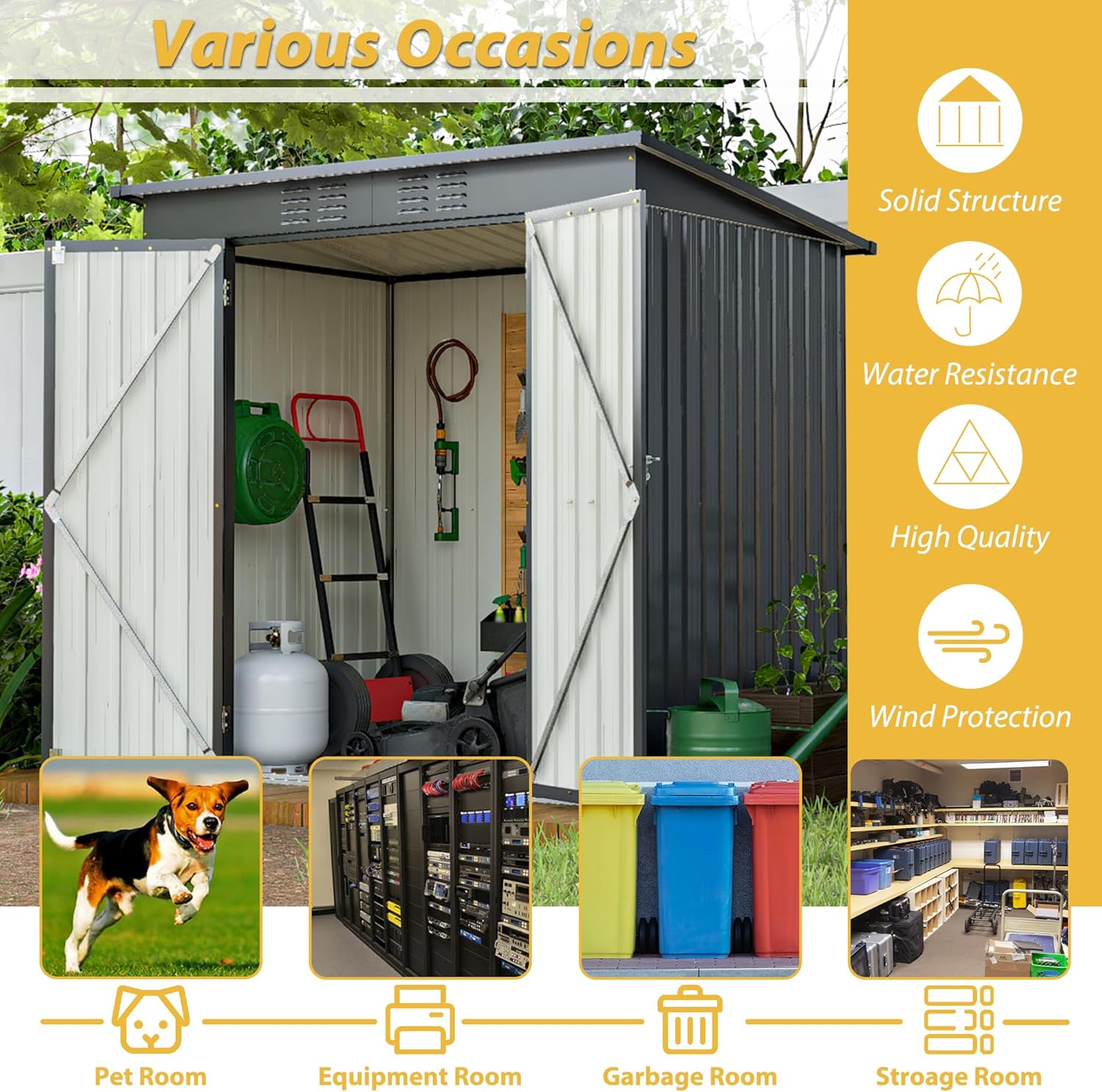 Outdoor Storage Shed, 6x4 FT All-Weather Metal Shed with Aluminum Frames, Hinged Door, Padlock and Integrated Air Vents for Garden Lawn Patio Backyard, Tool Storage and Organization, Black