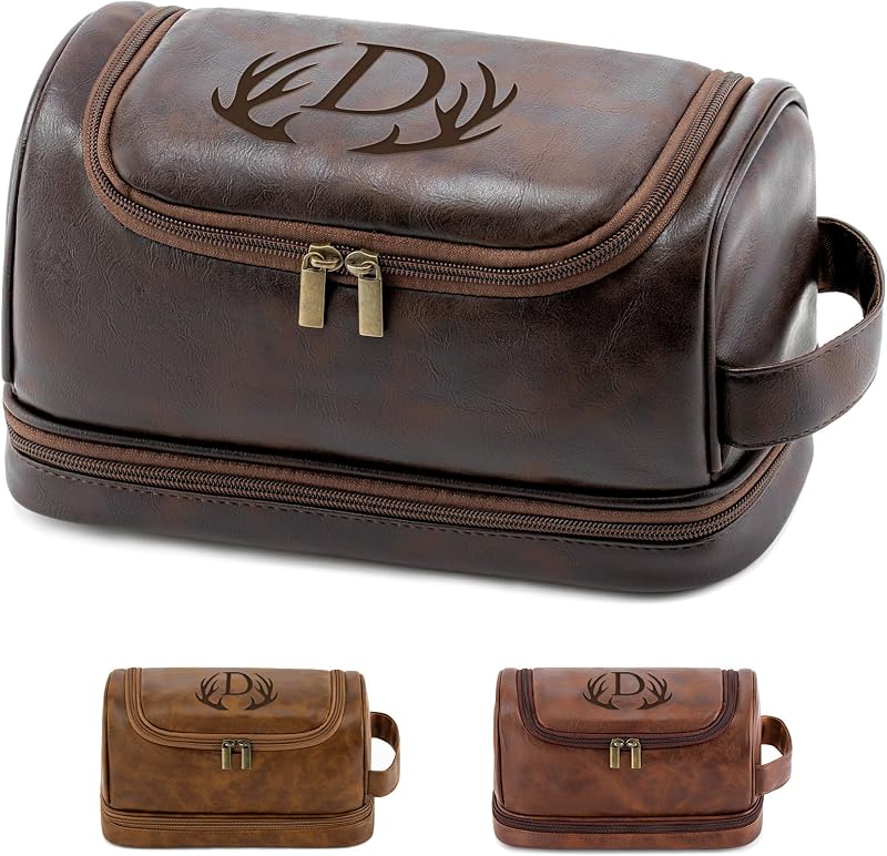 Necessaire de viagem personalizada Aganmi em couro PU, marrom-escuro, com zíper