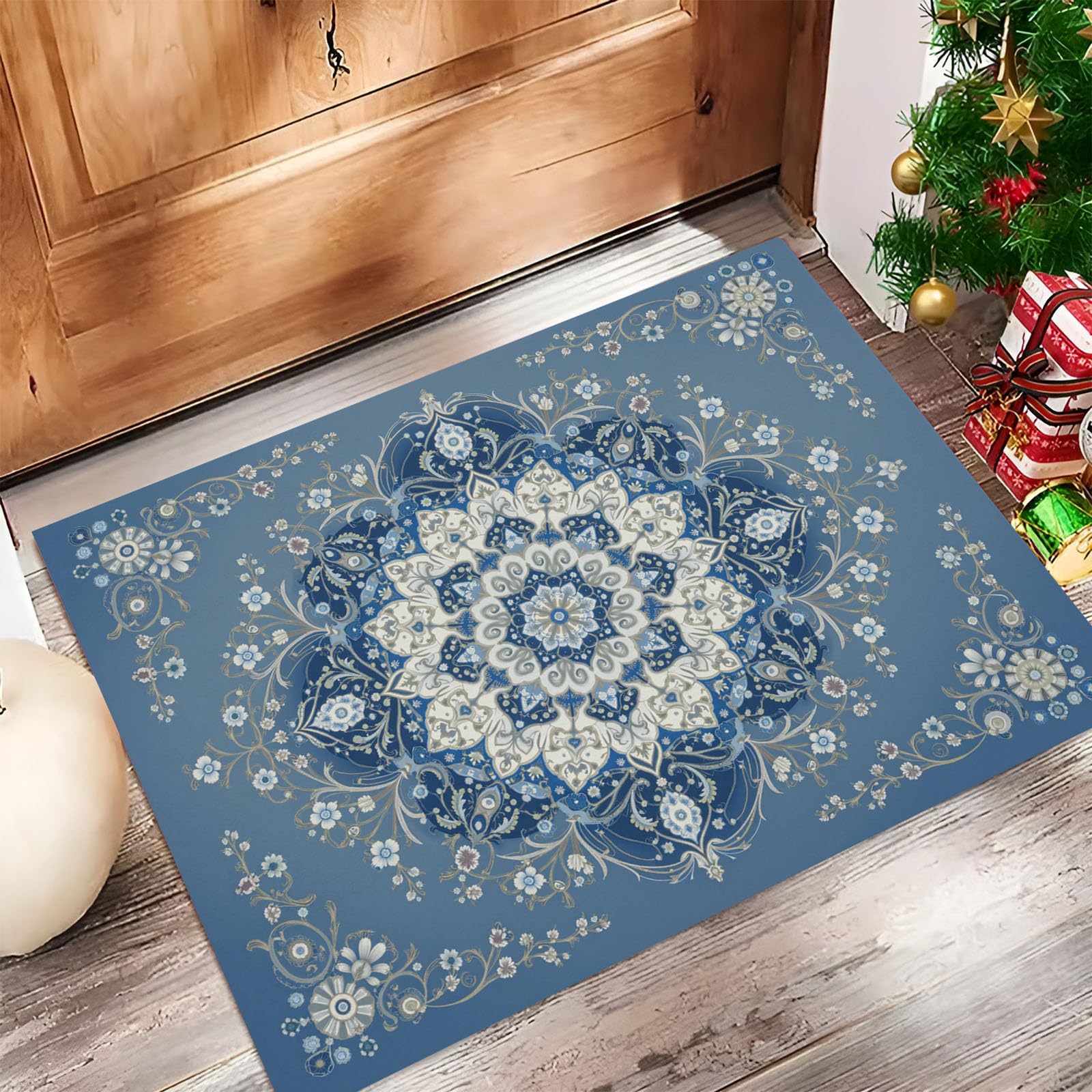 Paillasson lavable facile à nettoyer bleu géométrique floral