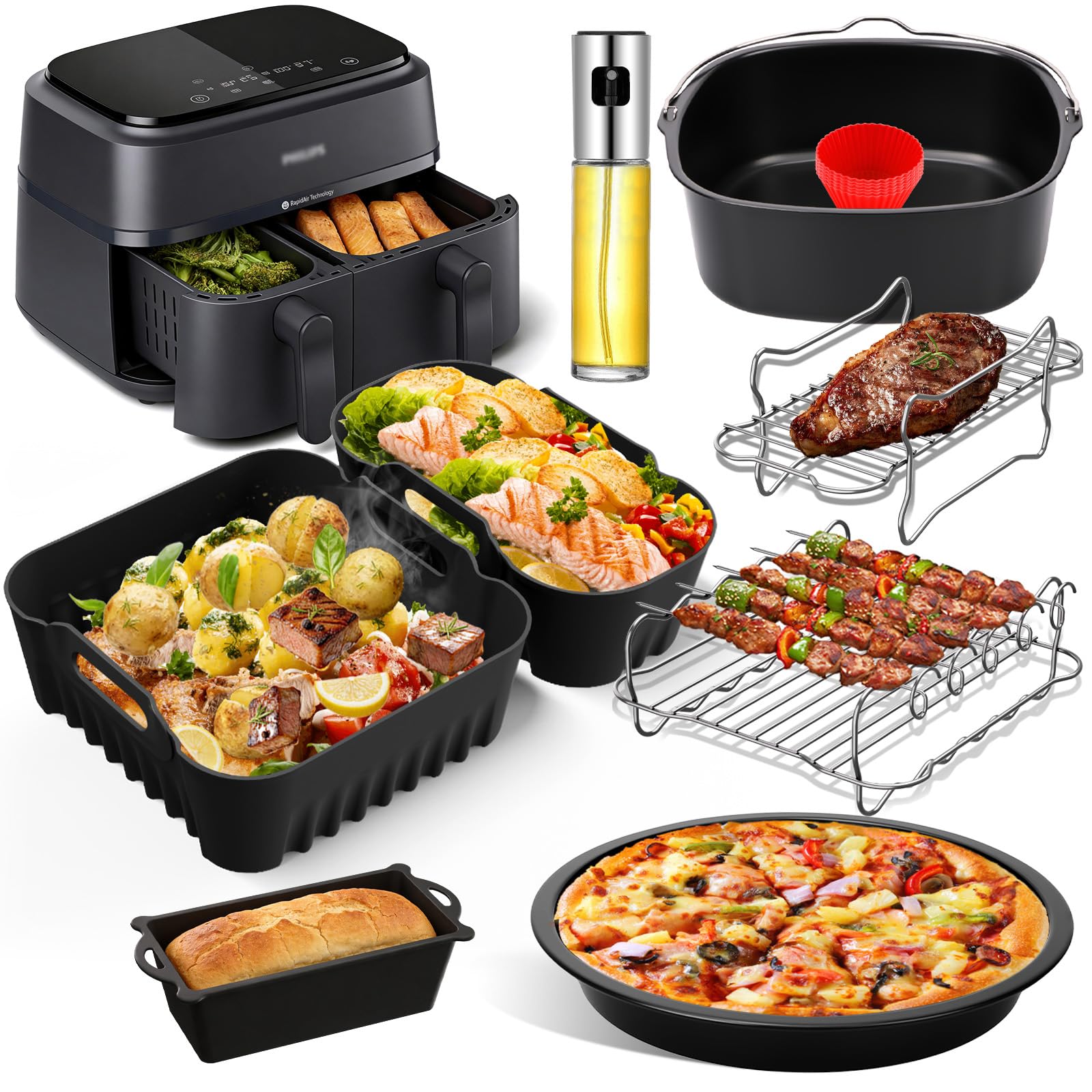 Airfryer Zubehör für Philips Airfryer Dual Basket 3000 Series 5000 Series, NA350/NA352/NA353, 9L, 2 Körbe, Silikonform Heißluftfritteuse Zubehör mit Grillrost, Pizzablech, Brotbackform, Ölspray usw