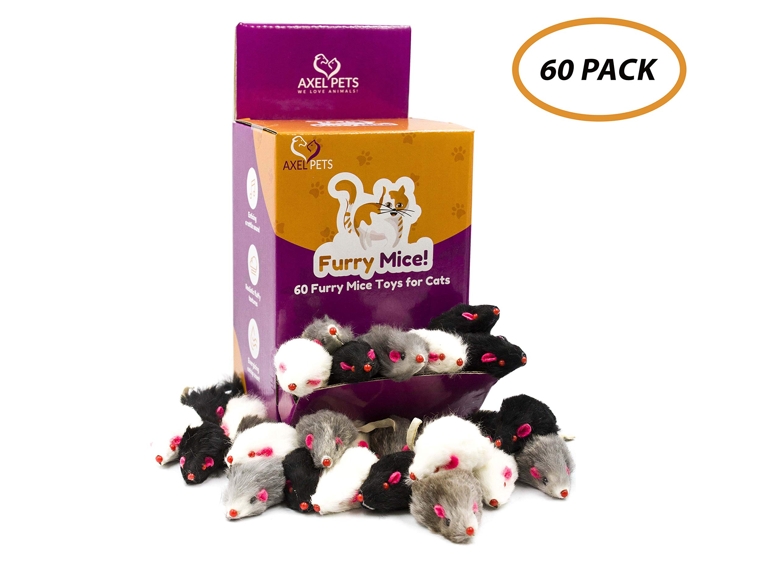 AXEL PETS 60 Furry Mice with Catnip and Rattle Sound Made of Real Rabbit Fur Interactive Catch Play Mouse Toy for Cat, Box of 60 Mice