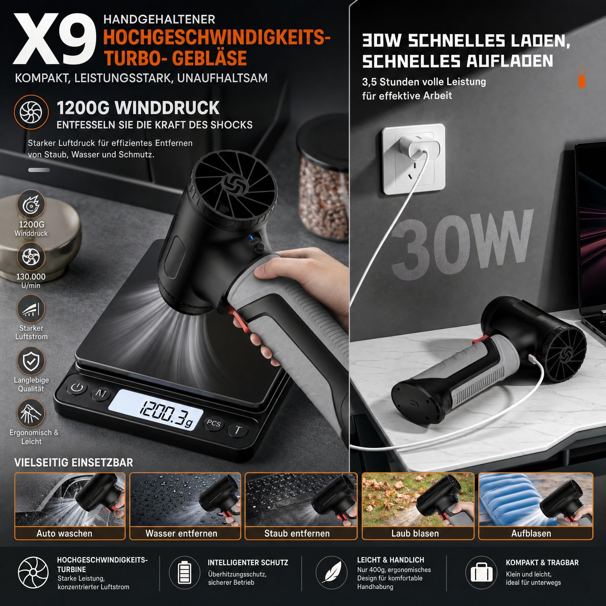 X9 Kleiner drahtloses Design Leistungsstarke Elektrische Staubgebläse, 1200G, 6000mAh, Autotrockner-Luftgebläse für Outdoor Autowaschanlage Reinigung,Computer Tastatur Staubgebläse