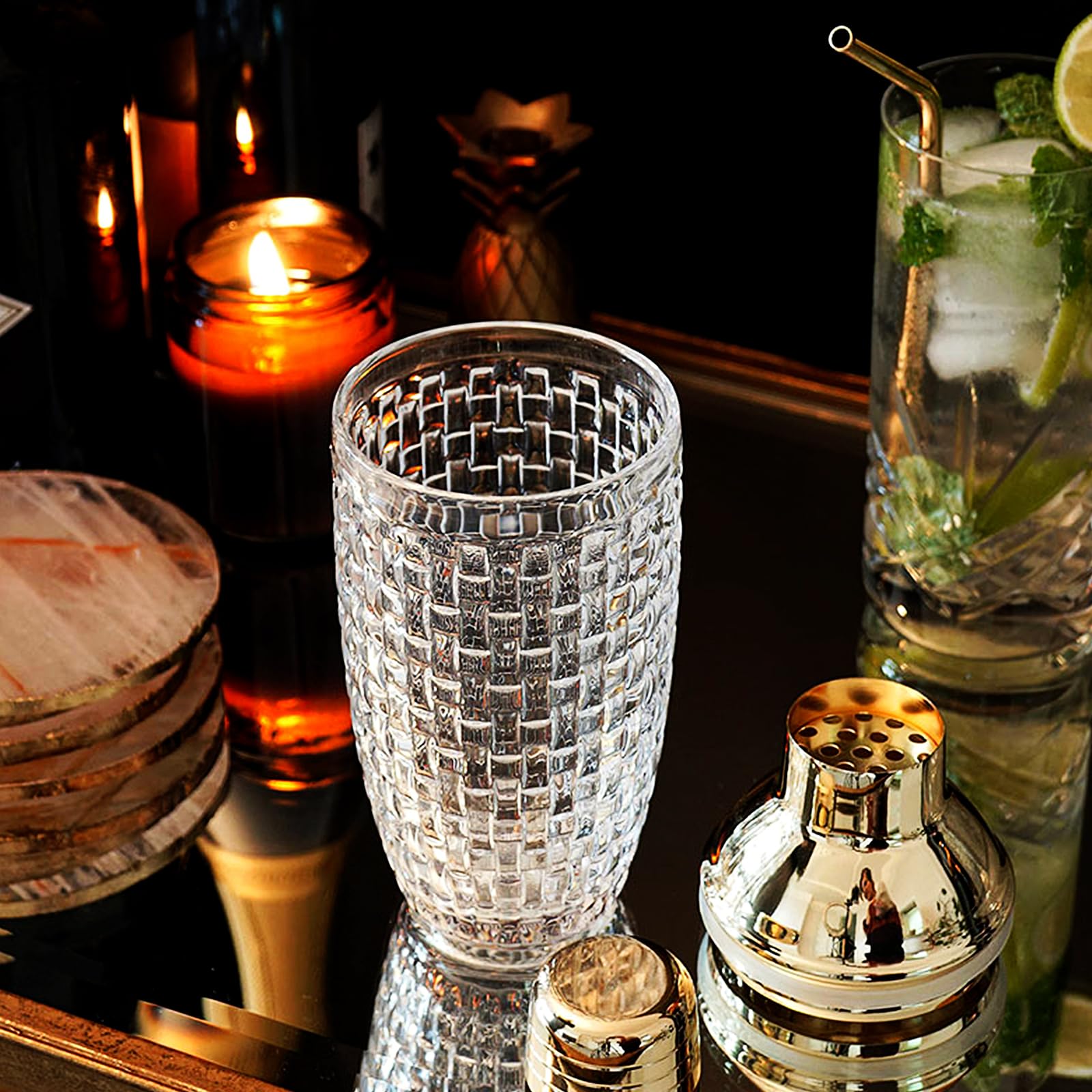 Shaker da Cocktail 400 ml, Set di shaker per cocktail in Acciaio inox e Vetro, Shaker con colino misurino e cucchiaio per casa, bar, vino, succhi di frutta misti, bevande (Oro-2)