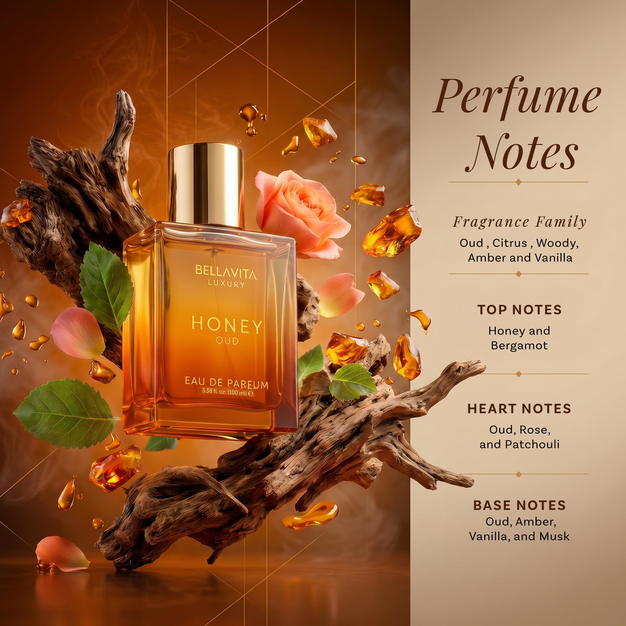 BellaVita Luxury Honey Oud Eau de Parfum 100 ml Patschuli Vanille Bergamotte blumig würzig Unisex-Duft