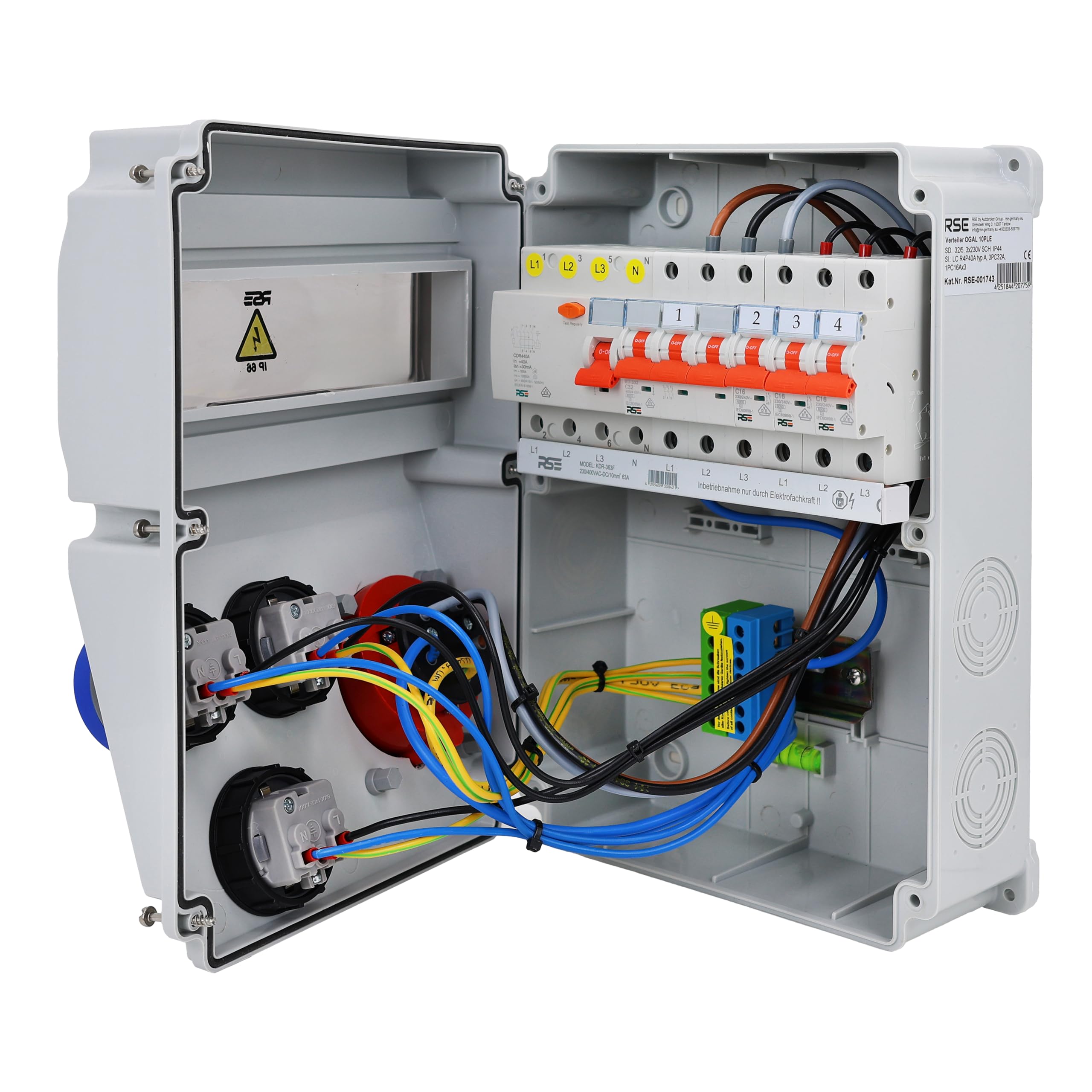 Distribuidor de corriente de pared completo con cable 32 A 16 A 230 V con enchufe CEE IP65, 6. 1 x 32 a 3 x 230 V con LS+FI