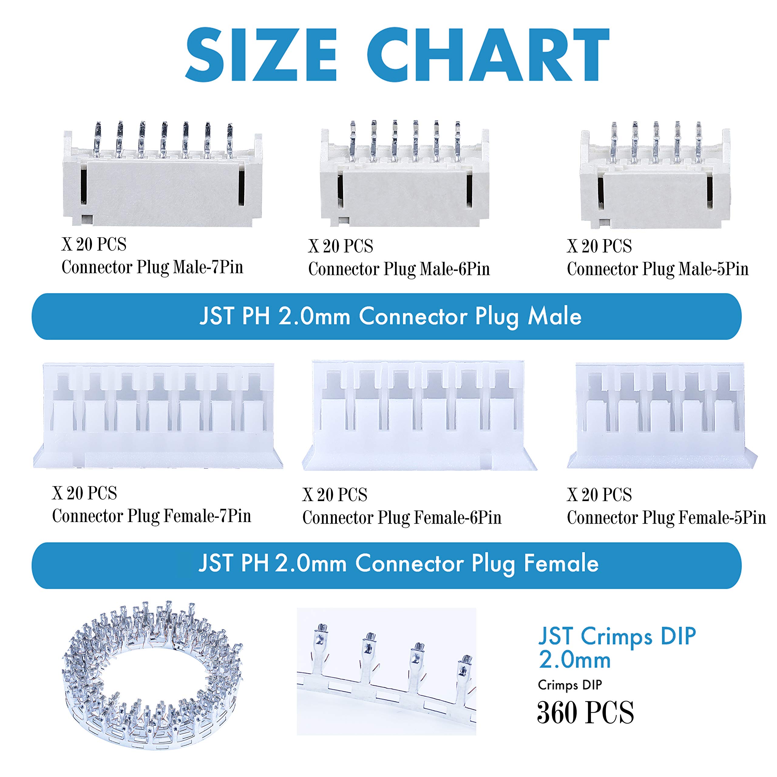 CQRobot 60 Sets/480 Pieces JST PH SMT 2.0 mm Pitch 5/6/7-Pin