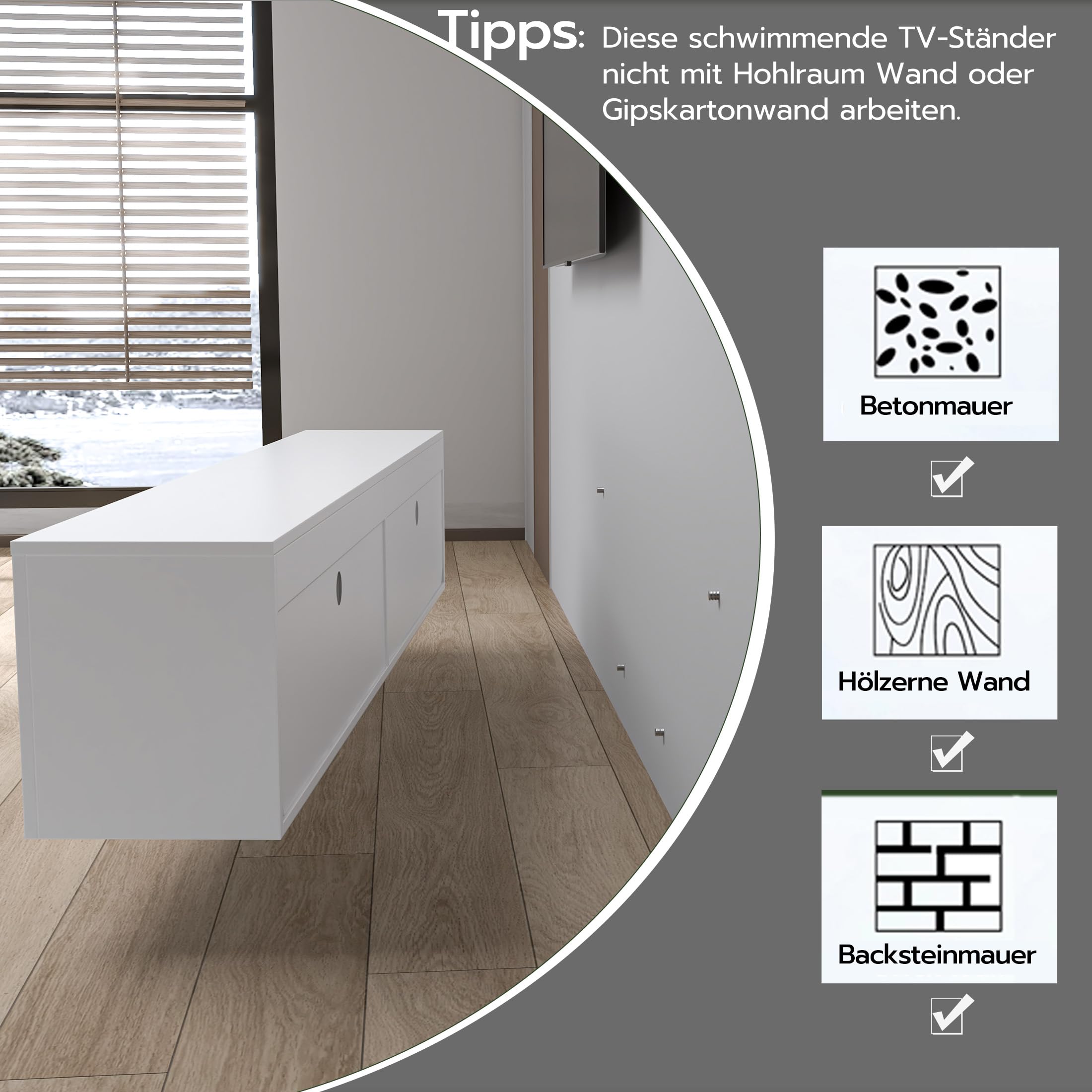 Hängender TV-Schrank mit LED-Leuchten, TV-Ständer TV-Konsole Unterhaltungszentrum mit 2 Aufbewahrungsschränken für das Wohnzimmer, 16 Farben können eingestellt Werden, 175 x 32 x 30cm (Weiß)