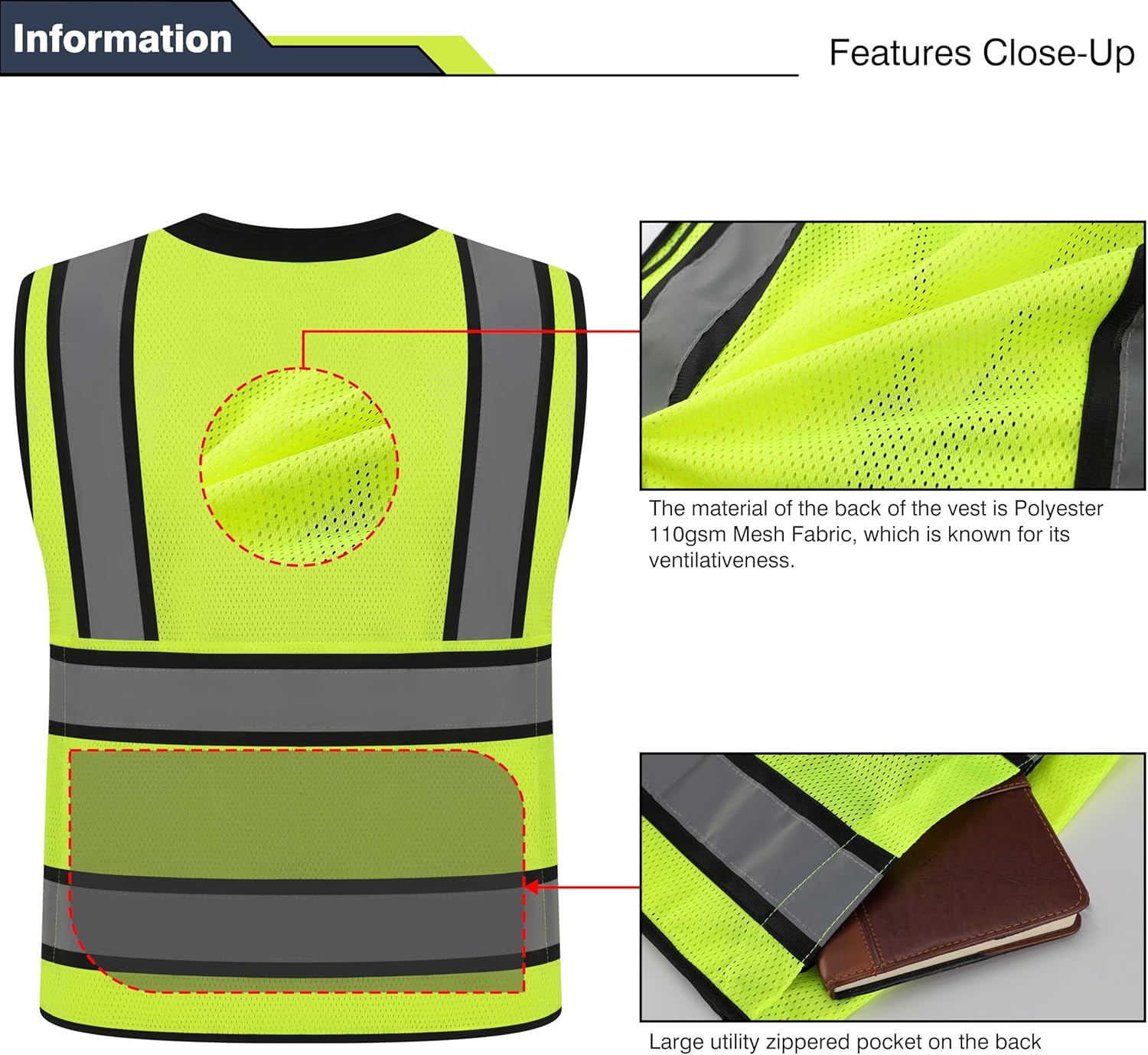 Class 2 High Visibility Reflective Safety Vests Women & Men With 15 Pockets And Zipper Front,Meets Ansi/Isea Standards - Image 3