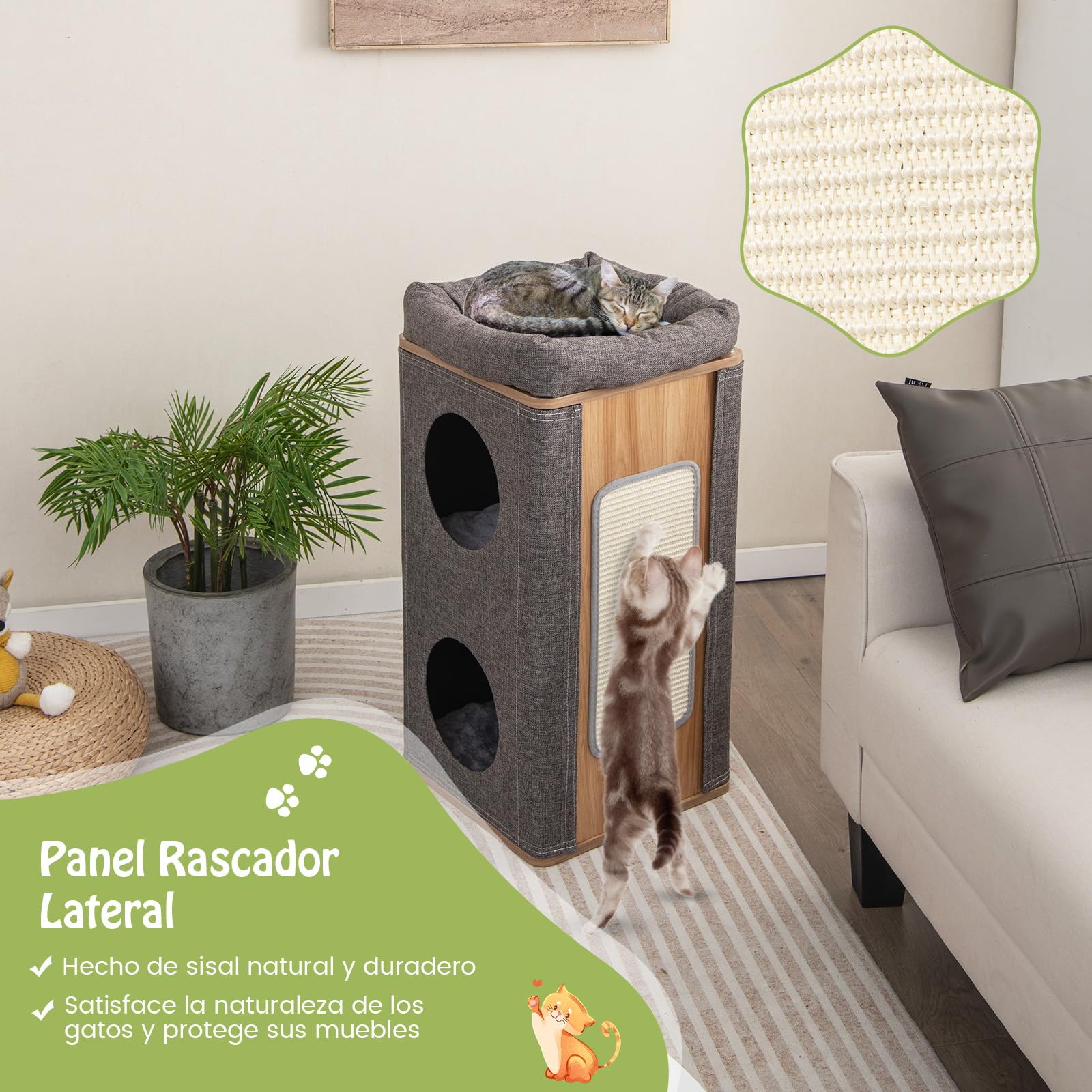 GOPLUS Casa para Gatos de 3 Niveles con Alfombrilla de Sisal Extraíble y Percha Superior, Mansión para Gatos 2 en 1 con Manta Exterior Extraíble, Superficie Cubierta de Felpa, Gris (Gris)