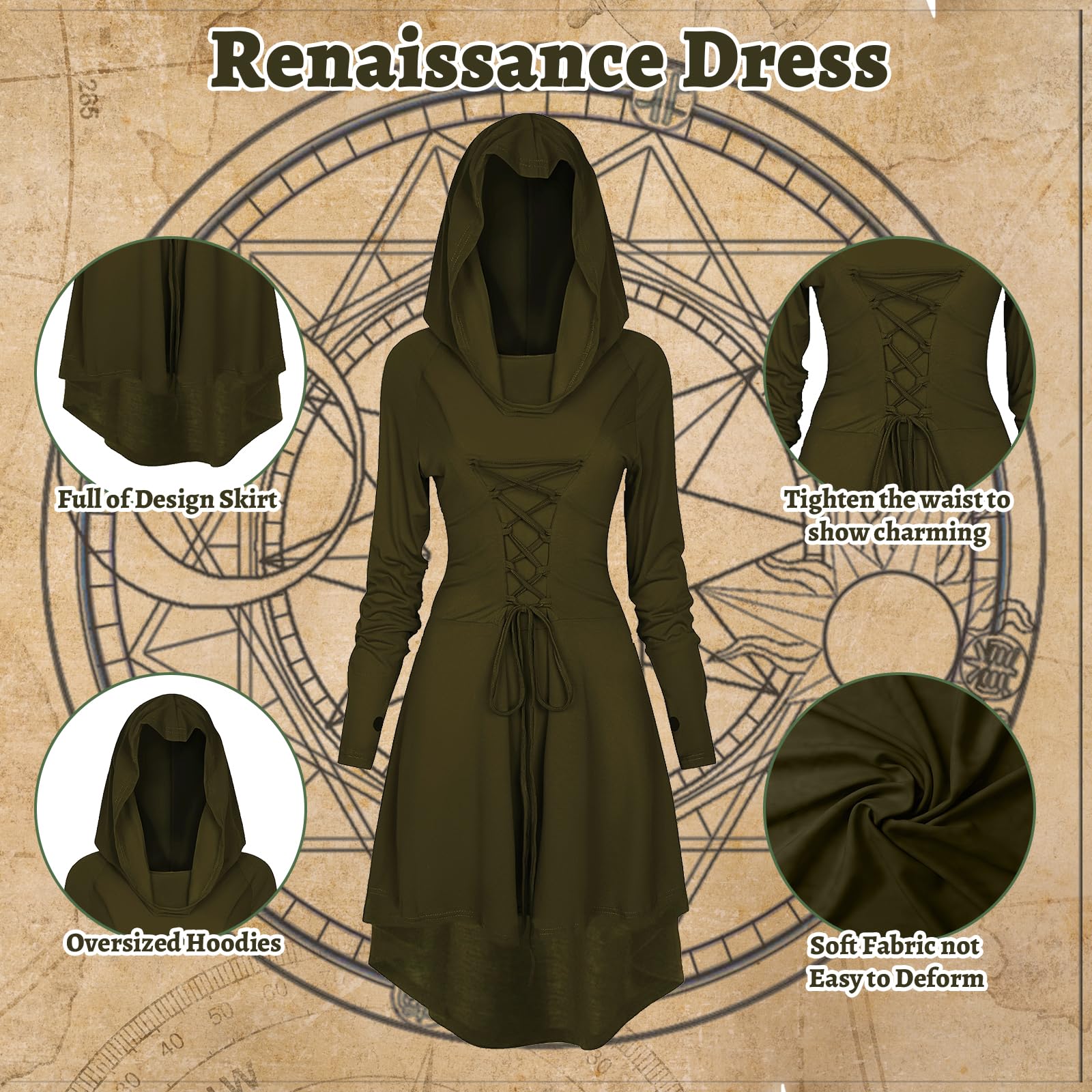 4 Stück Renaissance kostüm für Damen, Gothic Mittelalter Kleidung, Kapuzenkleid mitKorsett für Halloween Partys