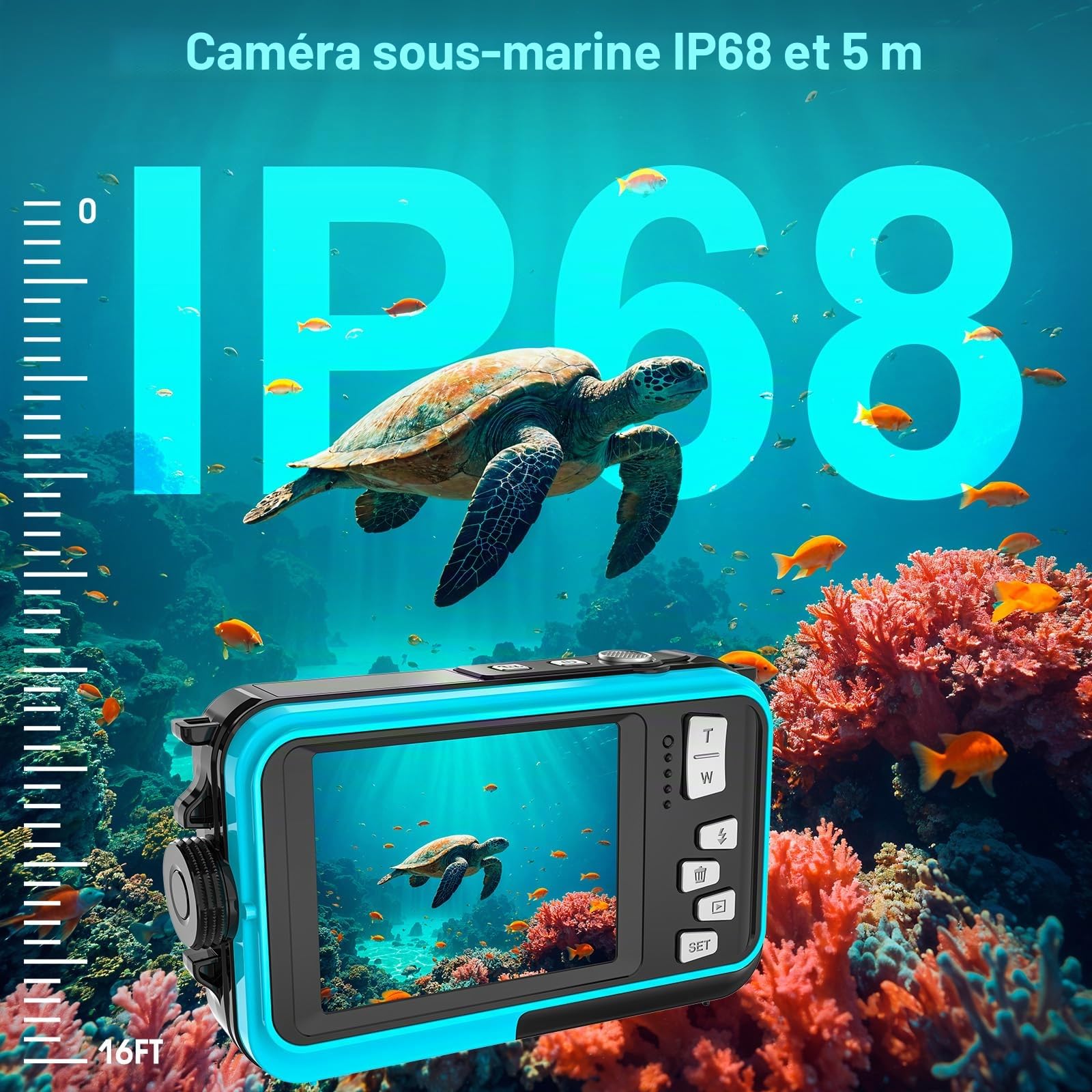 Appareil photo numérique sous-marin 4K 3,3 m étanche avec carte de 32 Go 56 MP Autofocus double écran Selfie pour la plongée avec tuba