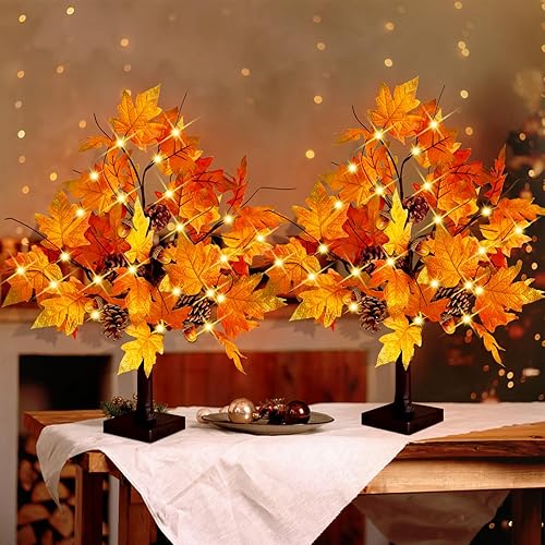 Miniatura 5 de CKE 2 piezas de árbol de arce artificial de otoño de 24 pulgadas, funciona con pilas USB con temporizador, 24 luces LED para decoración de Acción de