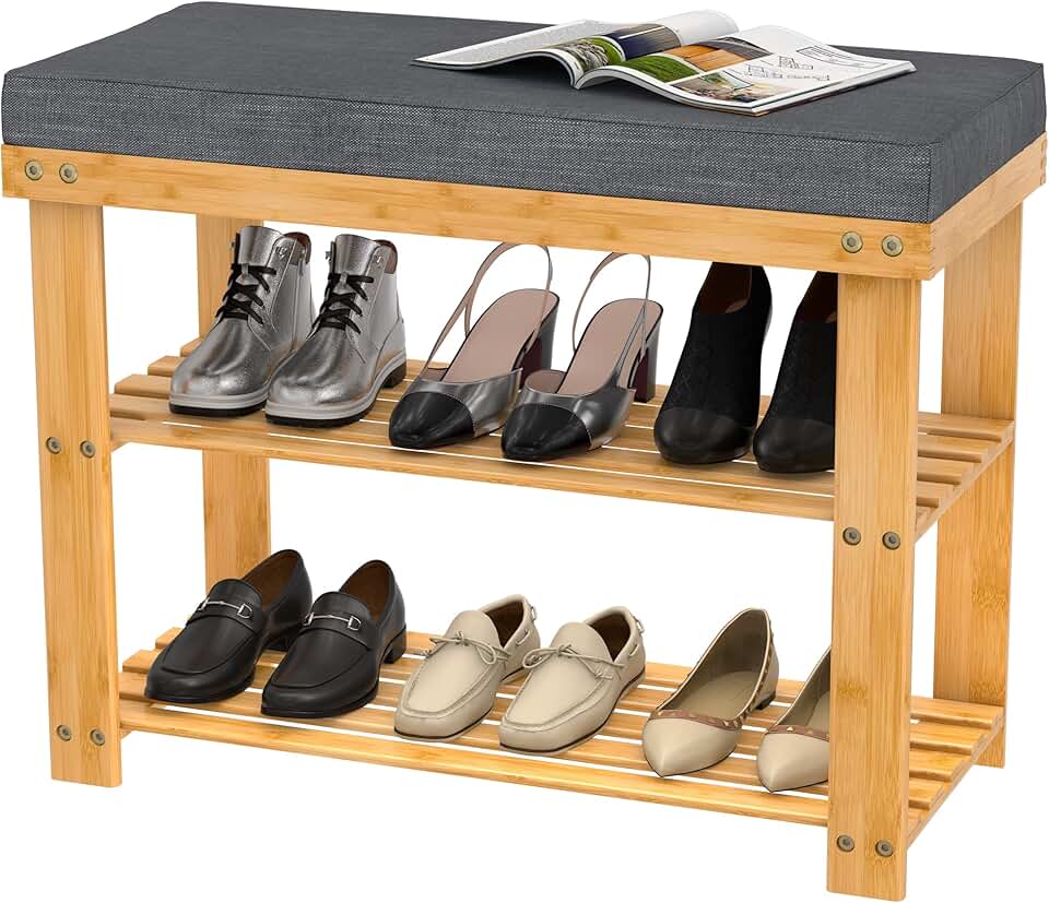 Domax Shoe Rack Bench for Entryway - Bench with Shoe Storage Front Door Shoe Bench with Cushion Upholstered Padded Seat 3 Tier Bam
