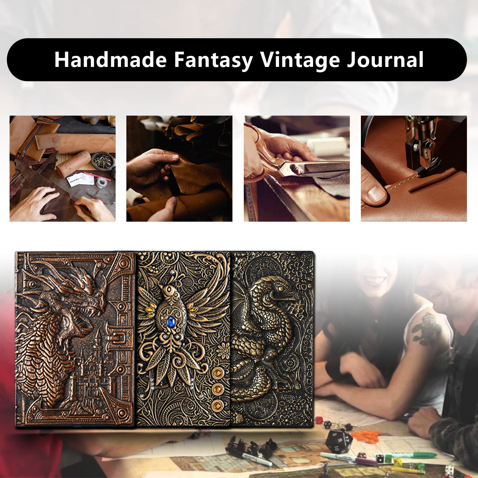 Ancient Deer Carnet de notes 3D Dragon DND unique de 400 pages en cuir vintage pour donjons et dragons, joueurs RPG, carnet de notes antique, carnet de voyage, D&D, accessoires D&D