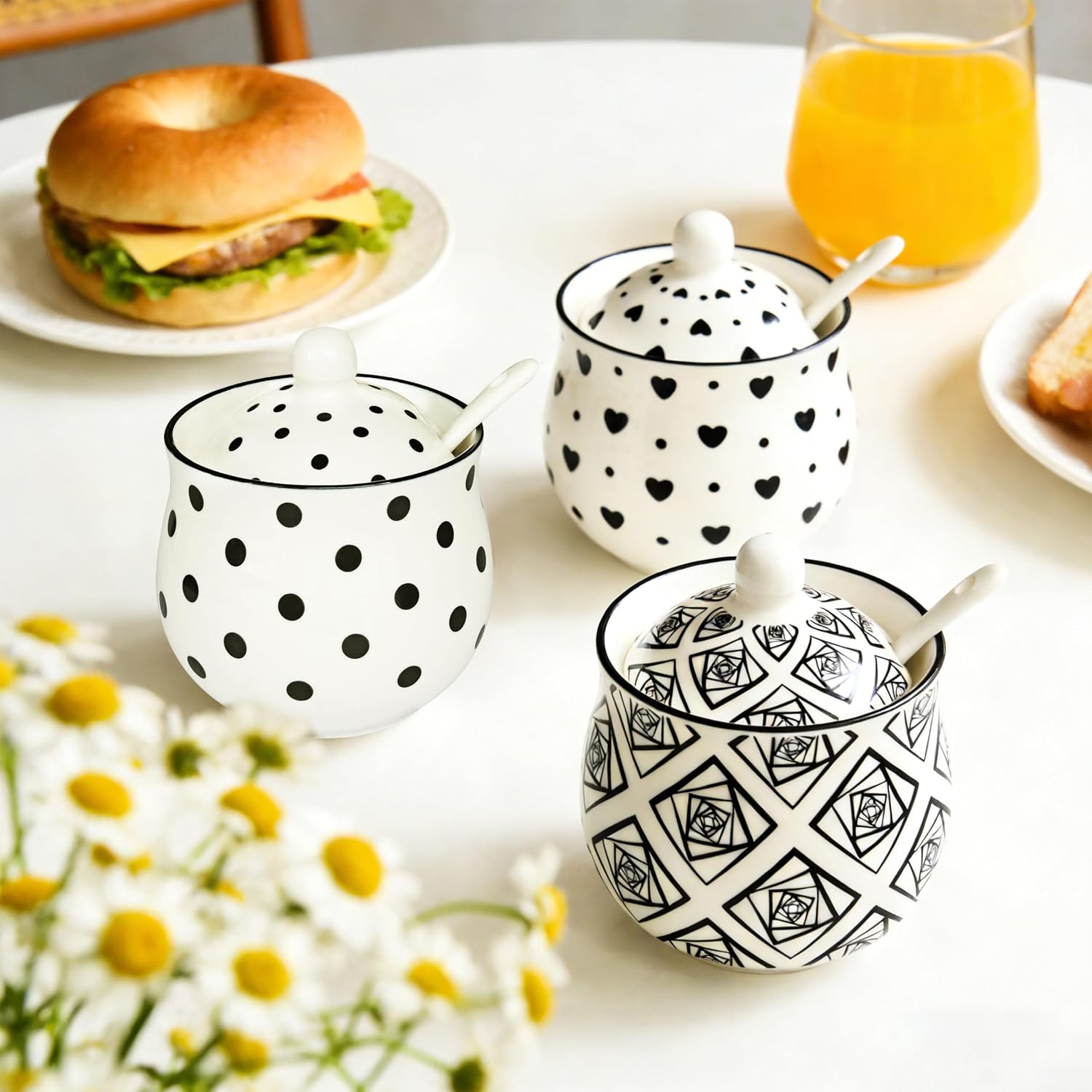 Sugar Bowl with Lid and Spoon, 6.7ounce Ceramic Sugar Container, European Style Sugar Bowl for Sugar Coffee, Salt, Spices，Sugar Jar for Kitchen Decorative,Dots