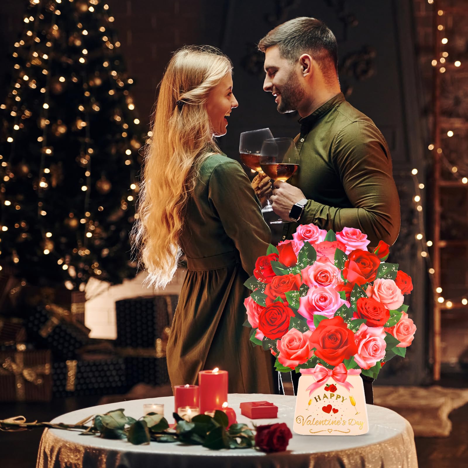 Tarjeta de felicitación desplegable para el día de San Valentín con luz y música, ramo de rosas 3D de papel de 12 pulgadas con sobre, tarjetas de feliz día de San Valentín para esposa, tarjeta