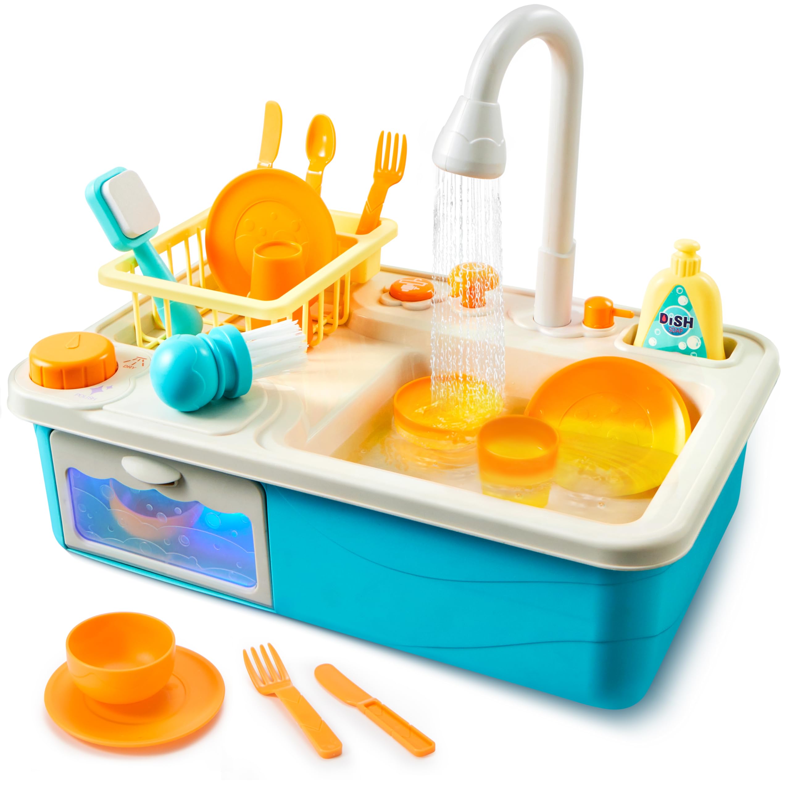 lalalark Color Changing Play Sink Kitchen Toys - Pretend and Play Toddler Toy with Running Water, Electric Dishwasher and Chopping Sounds - Automatic Water Cycle System Birthday Gift for Girls Boys