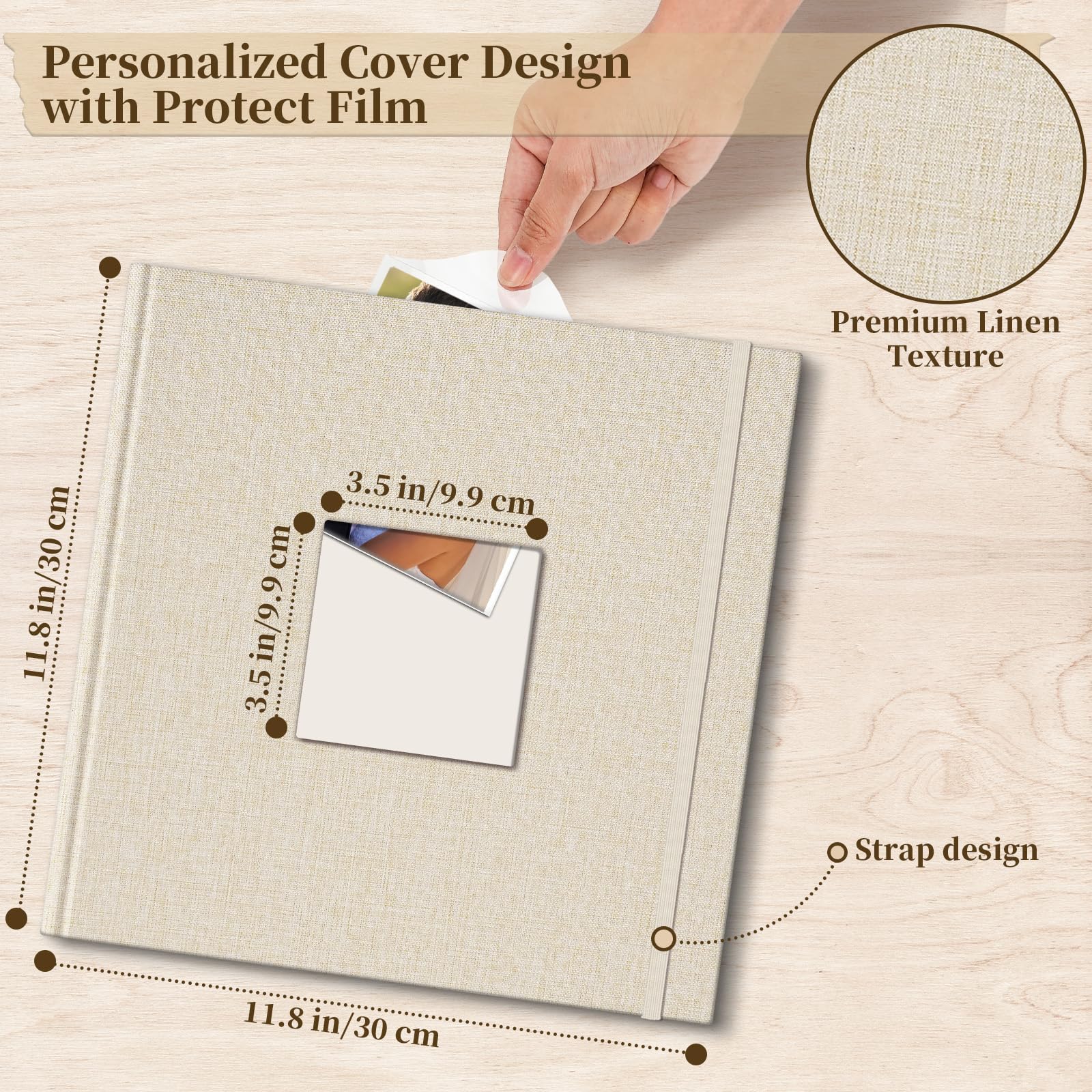 Álbum Fotográfico de Lino 30x30 cm Vienrose con Espacios para Texto, Scrapbook DIY 60 Páginas Beige