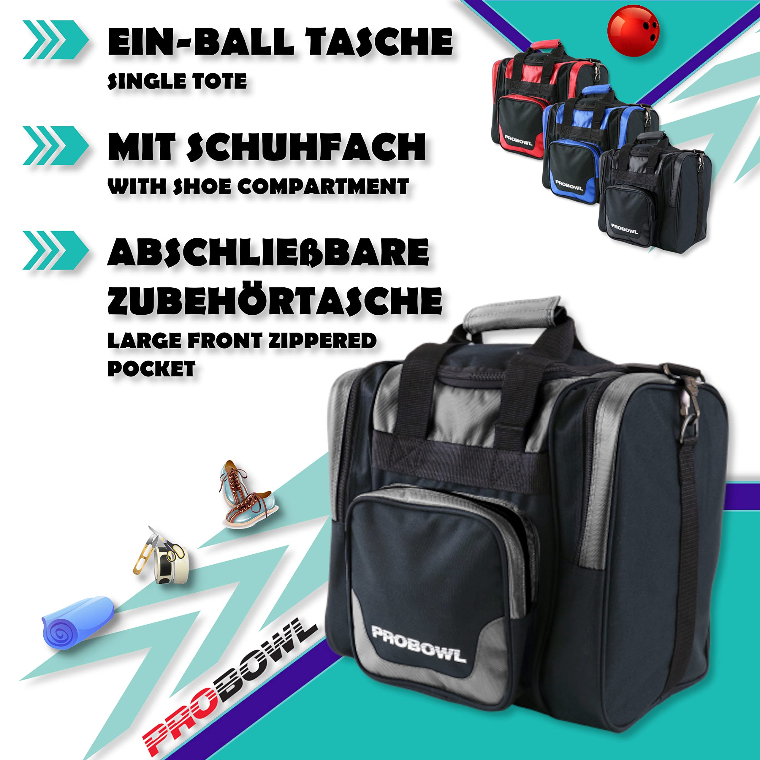 Sac Bowlingball Pro Bowl Single Tote Sac de bowling 1 balle avec compartiment à chaussures Portable avec compartiments pour accessoires Intérieur rembourré Sac de bowling léger avec