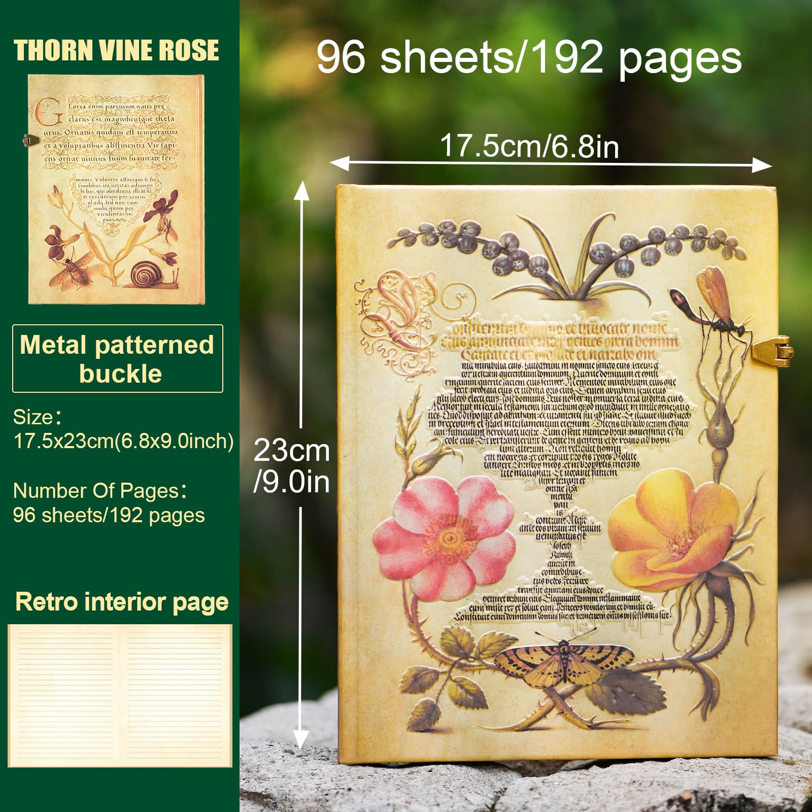 Diario con forro vintage de 96 hojas/192 páginas, viene con bolsillo de sobre, diario retro 3D de tapa dura, adecuado como diario de viaje, cuaderno o aniversario de boda.