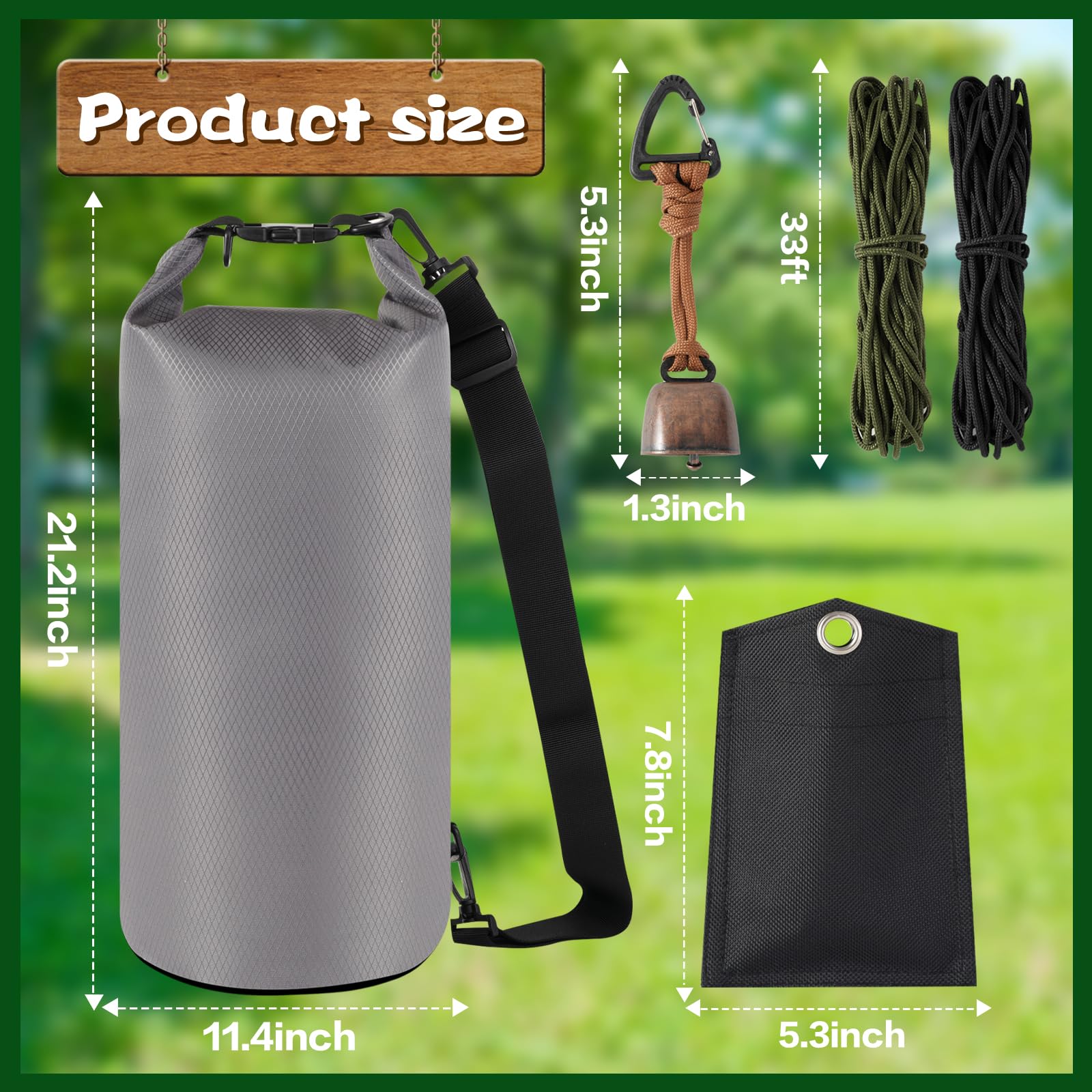 WSFSLJWDW Bear Bag for Camping, Grey Ultralight Food Hanging System Include Waterproof Bear Bag, Nylon Ropes, Carabiner Clip, Bear Bell for Backpacking, Hiking, Outdoor Activity
