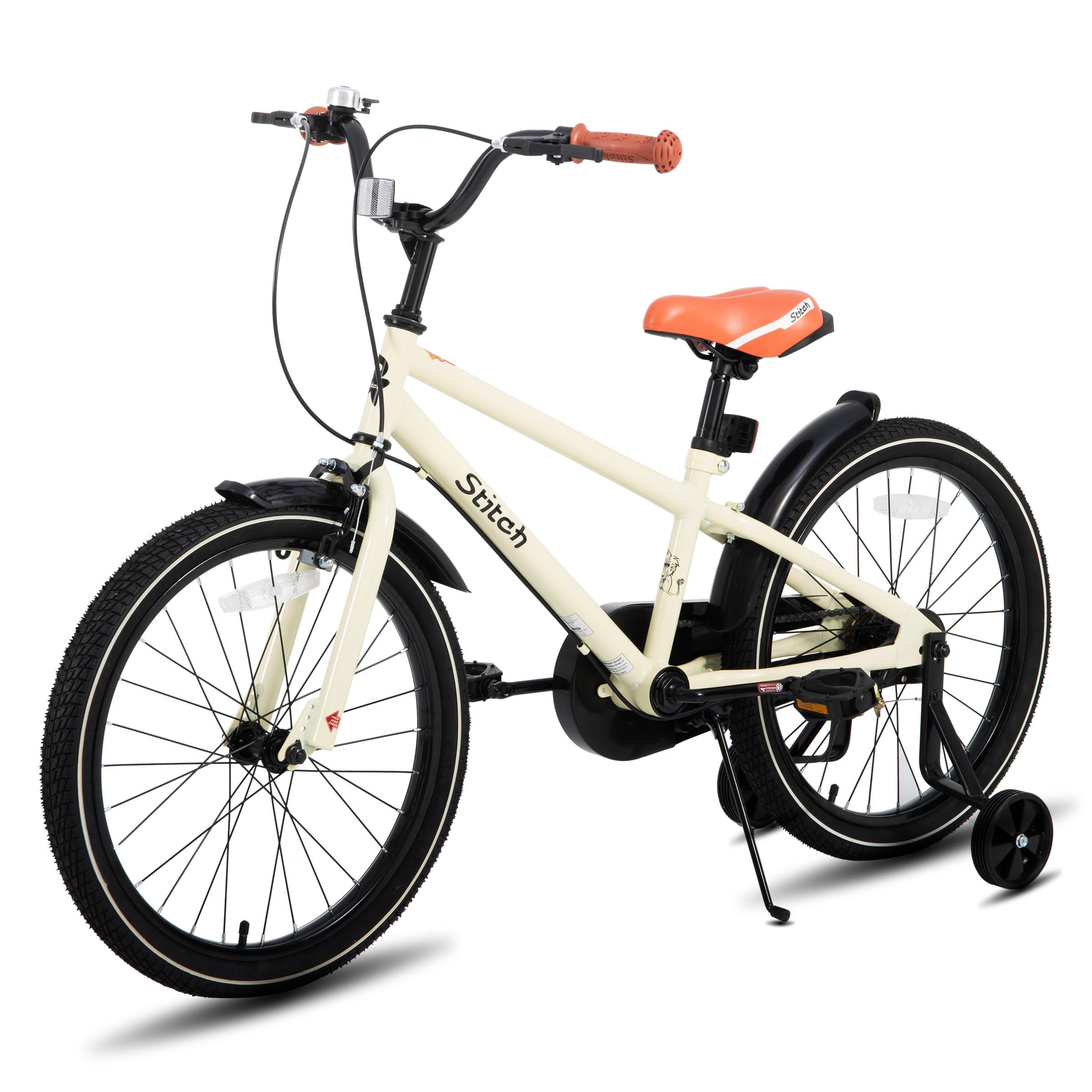 STITCH Bici vintage de 18 pulgadas para niños y niñas de 6 a 8 años, bici infantil de 18 pulgadas con estabilizador y soporte, beige