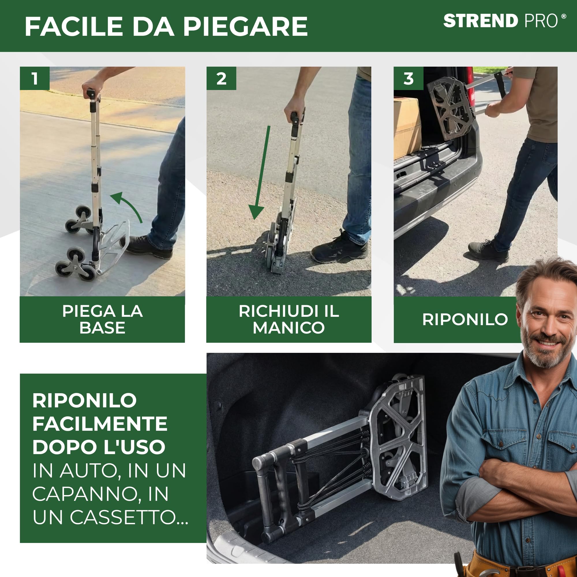 STREND PRO Carrello Saliscale 80kg | Carrello Pieghevole Per Scale con Sistema a 3 Ruote | Robusto Carrello Trasportatore per Scale & Gradini | Carrello a Mano Regolabile in Altezza & Compatto