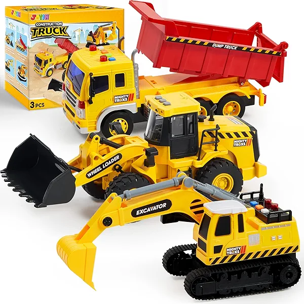 JOYIN 3 Pack Construction Toy - Excavator, Dump Truck and Loader, Moveable Claw & Lifting Back, Construction Truck Toy, Christmas Birthday Gift for Toddler Boys Kids