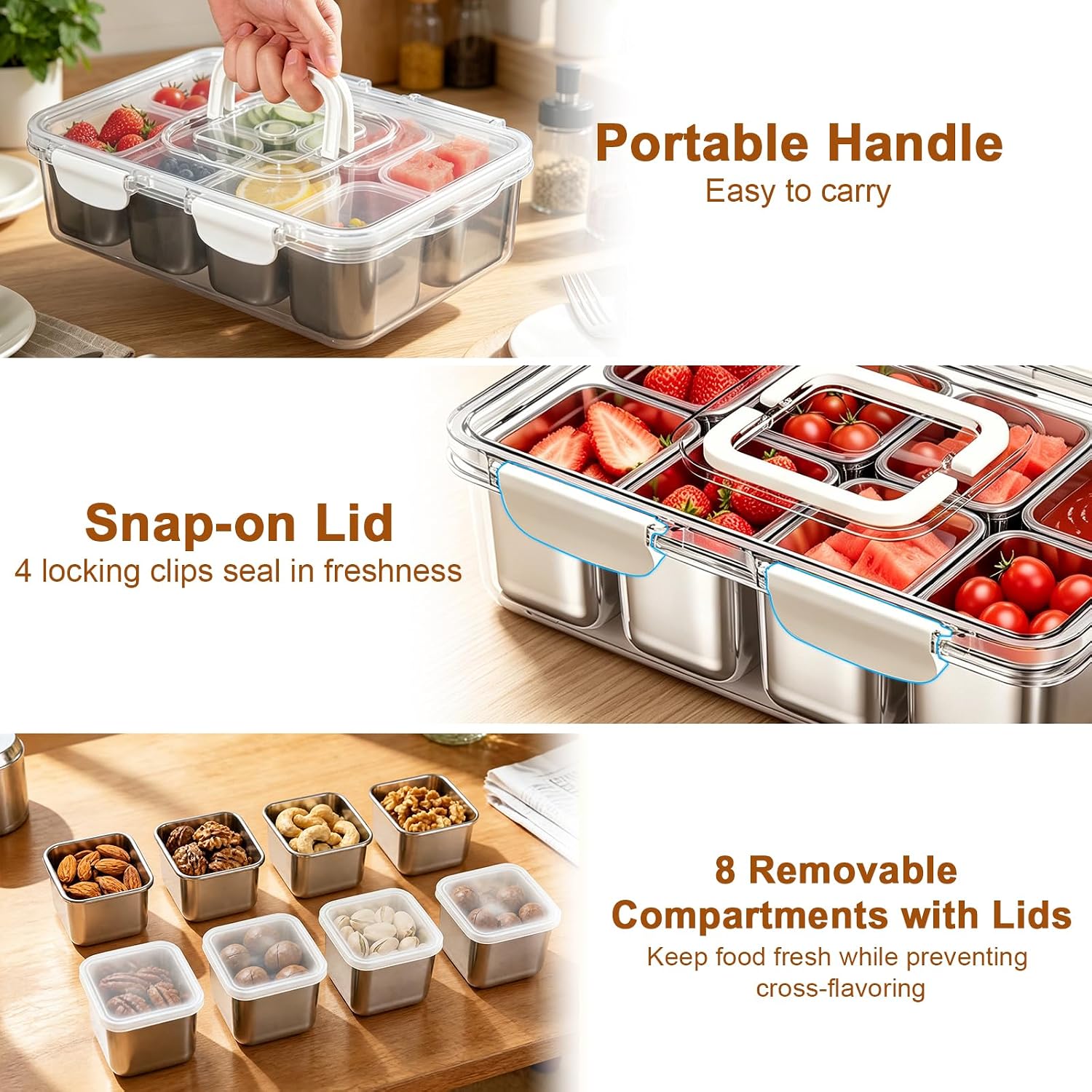 Stainless Steel Snackle Box Container, Dishwasher Safe Snack Box with 8 Removable Compartments, 142oz Large Capacity Divided Serving Tray with Lid and Locking Clips for Fruit Snacks Nut Picnic Travel