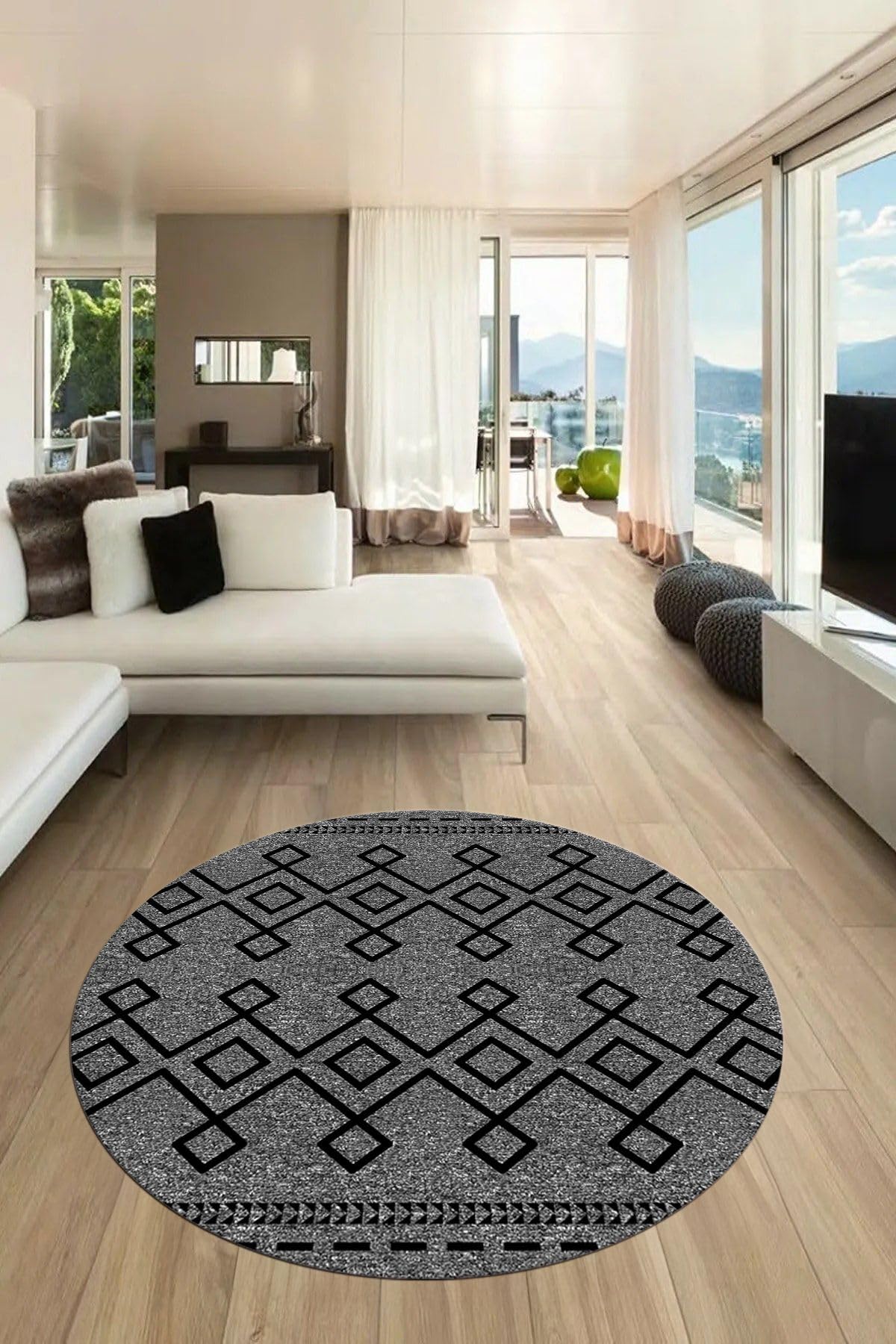 Evdeya Sade Desen Özel Tasarım Kaymaz Taban Yıkanabilir Yuvarlak Mutfak Salon Halısı Y-MODERN-87, Gri, 60 x 60