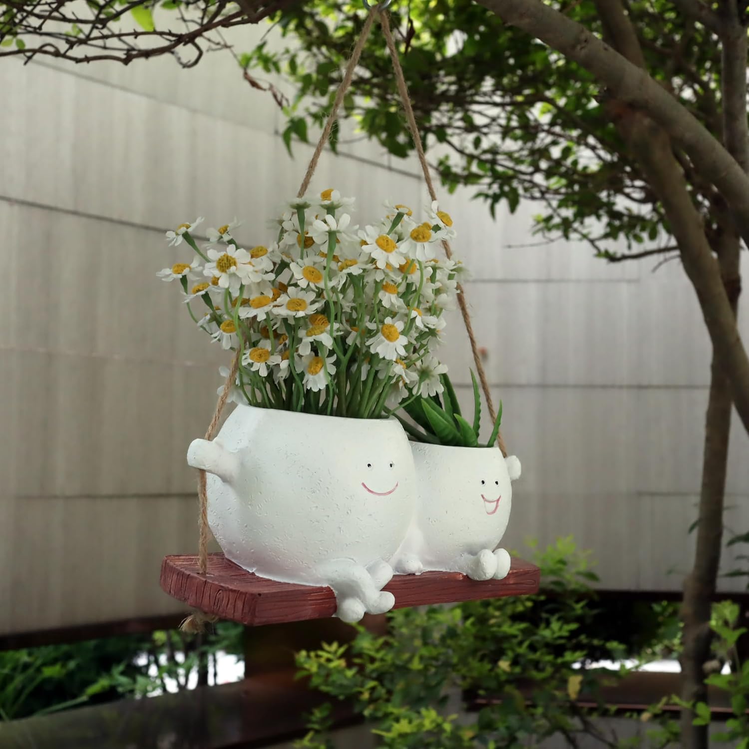 Dolkgy Cute Hanging Face Planter Pots, Funny Swinging Two Head Planters Cactus Plant Pots for Indoor Outdoor Plants, Unique Succulent Wall Planters Whimsical Flower Vase