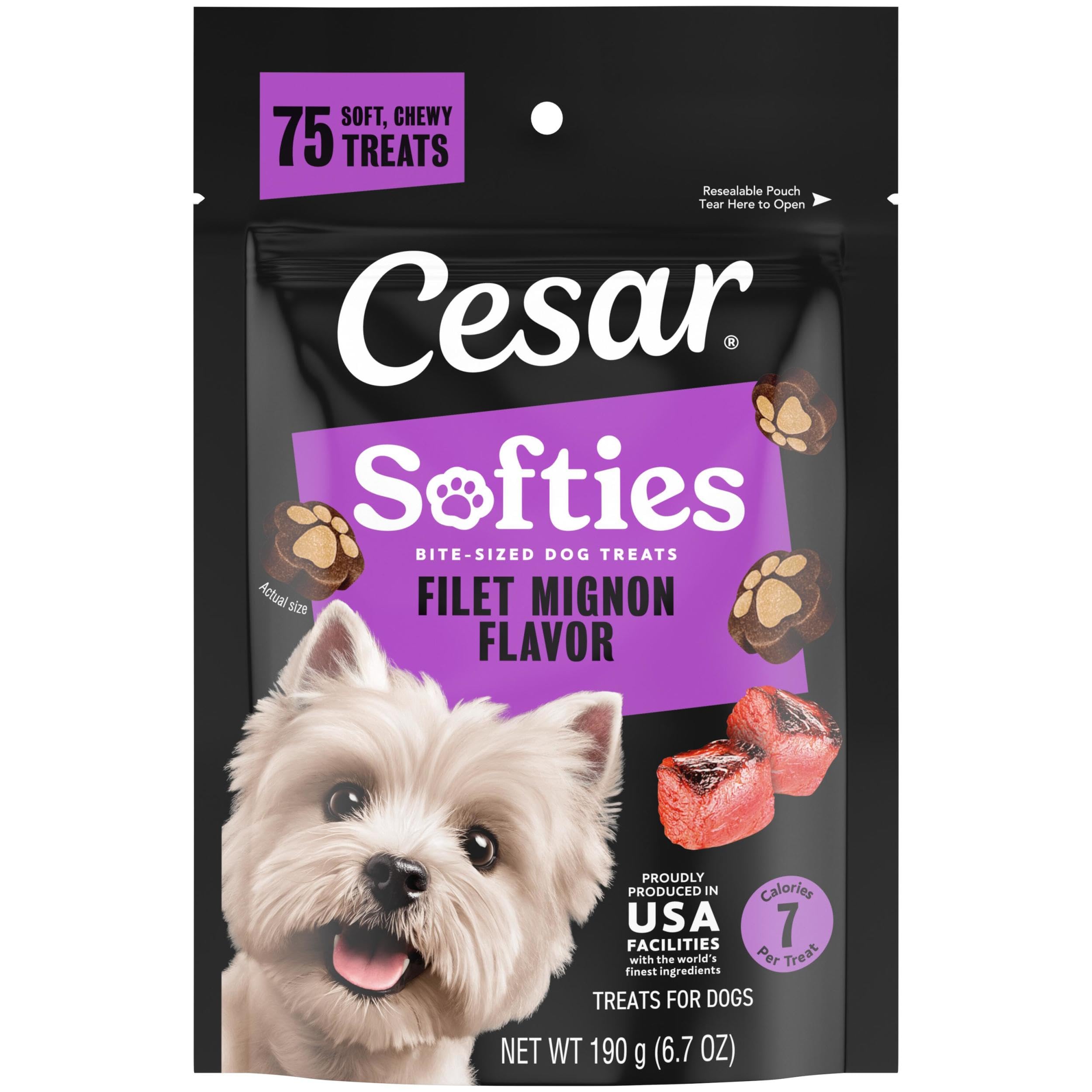 Cesar Softies Chewy Small Dog Treats Filet Mignon Flavor, 6.7 oz. Pouch (75 Treats), Pack of 8