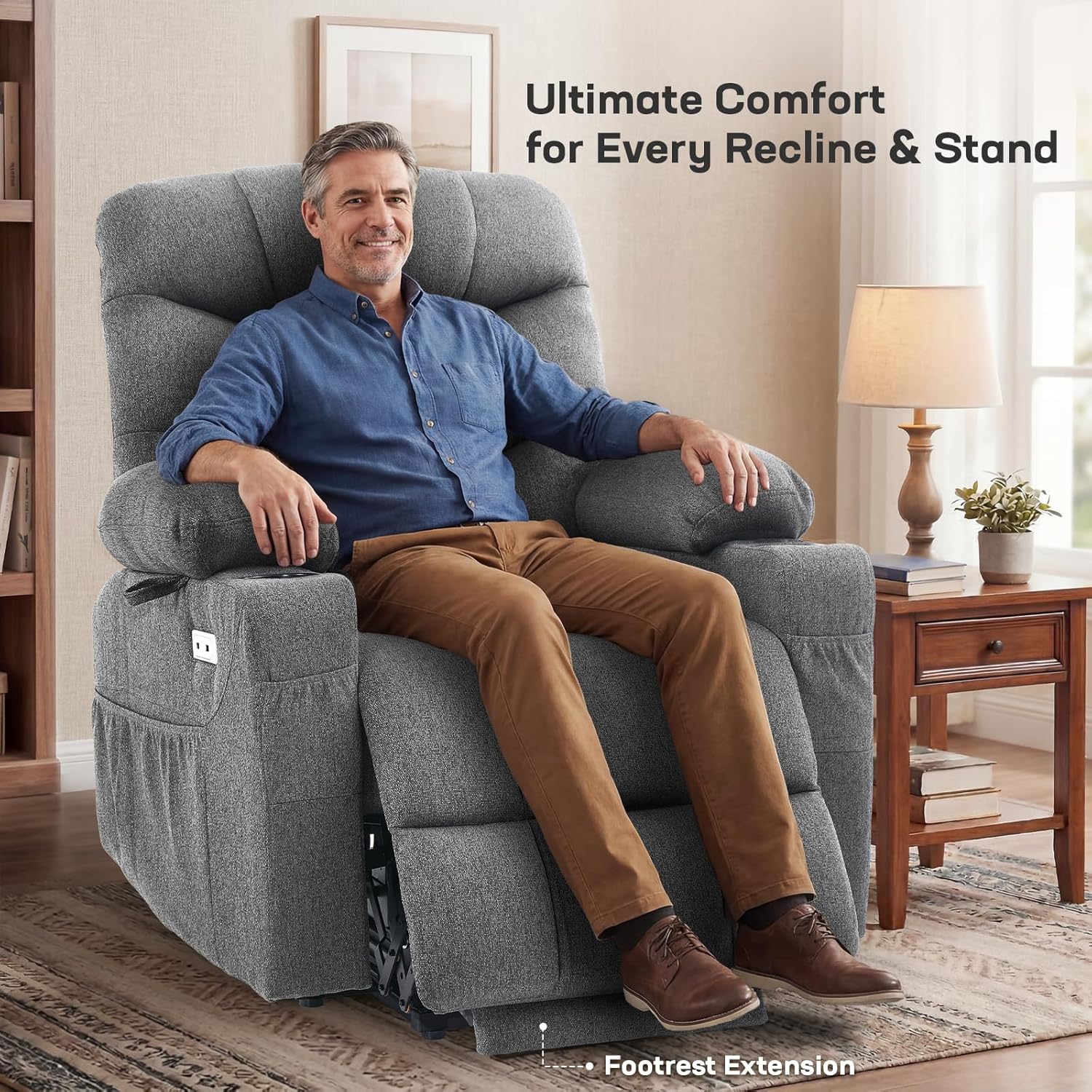 Tami Tami Dual Motor Power Lift Chair Recliner for Elderly with Massage and Heat, Infinite Position Electric Lift Recliner with USB A&C, Cup Holders (T6012 - Linen Fabric, Gray, Medium)