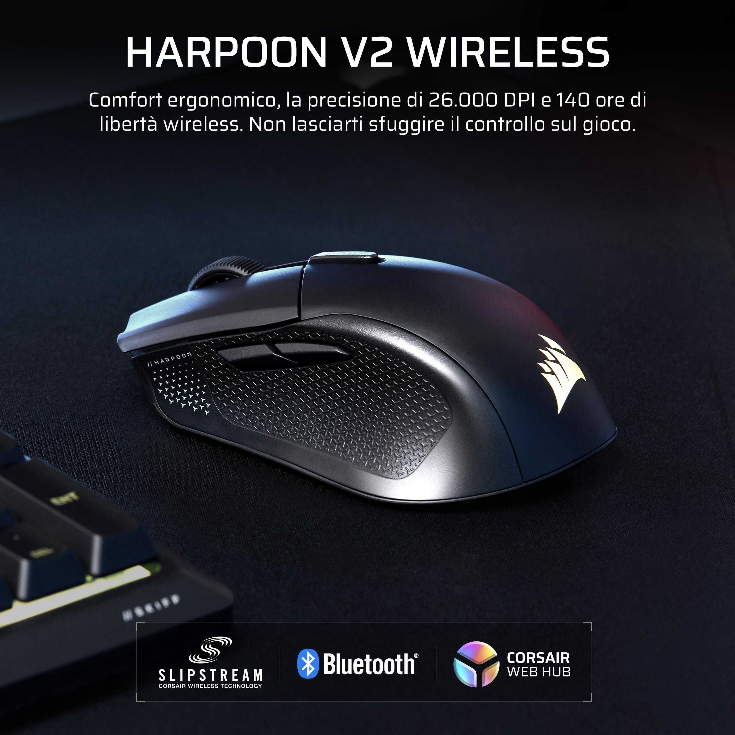 Corsair HARPOON v2 WIRELESS Mouse da Gioco – Nero | 26K DPI, Forma Asimmetrica, 6 Pulsanti Programmabili, Autonomia fino a 140 Ore
