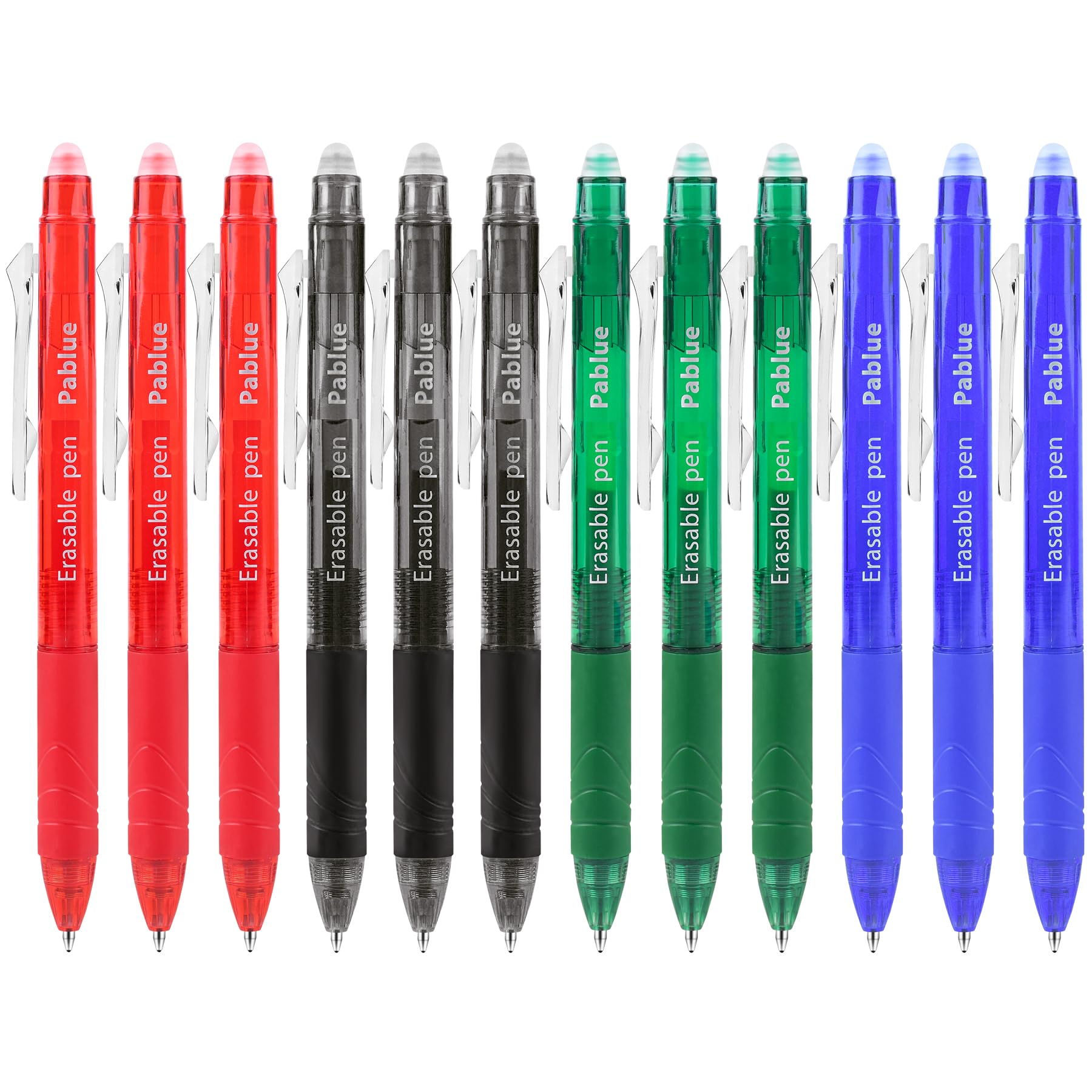 PABLUE Retractable Erasable Gel Pens Clicker, Fine Point 0.7mm, Make Mistakes Disappear, Comfort Grip, for Drawing Writing Planner and Office Supplies 12 Pack (Black,Blue,Green, Red)