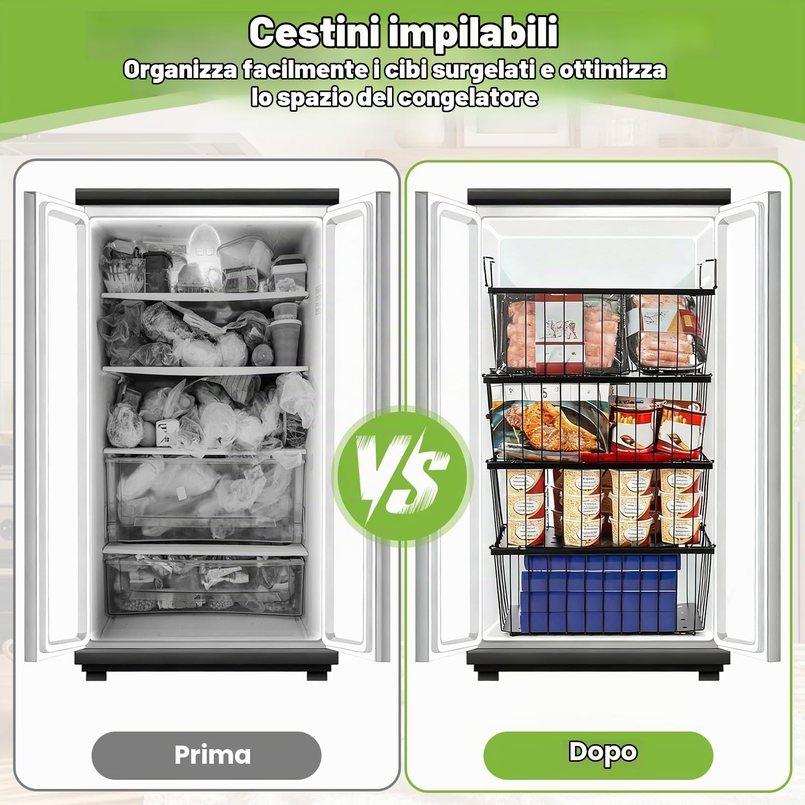 4 Cesti Congelatore con Manici, Contenitori Organizer Congelatore Pozzetto Filo Metallico Impilabile, Cesto Metallo Freezer Cestini Portaoggetti Frigorifero per Facile Accesso Agli Alimenti Surgelati