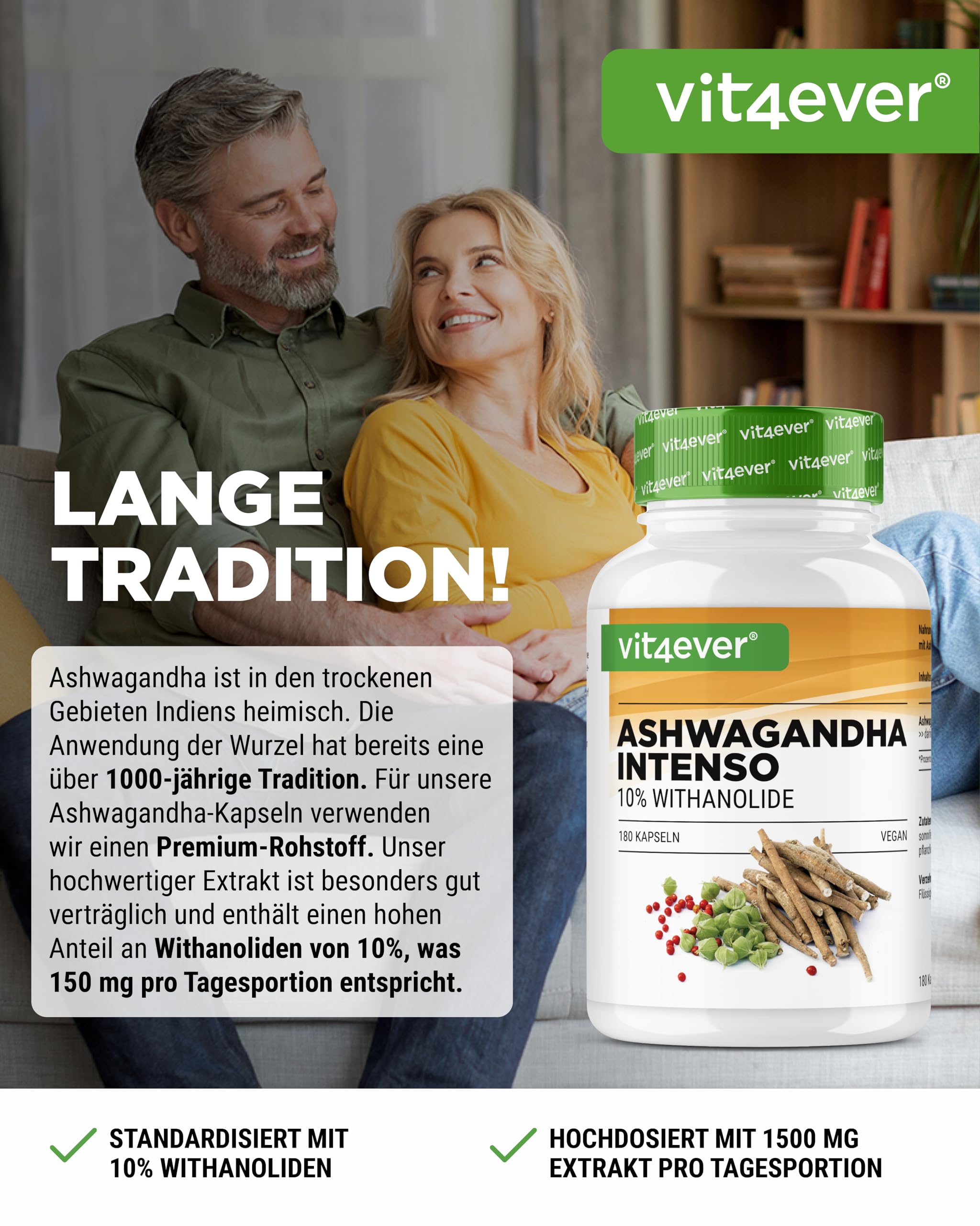 Ashwagandha Extrakt - 180 Kapseln mit 750 mg reinem Wurzelextrakt pro Kapsel & 10% Withanoliden - Hohe Reinheit - Vegan - Hochdosiert - Premium Qualität