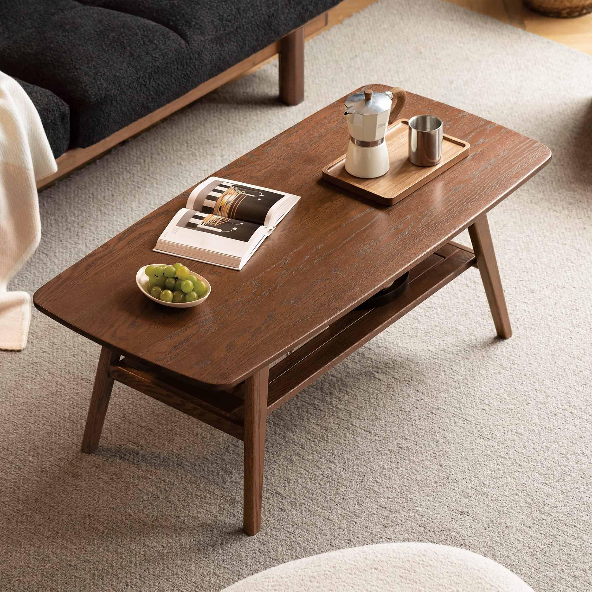 100% solid wood coffee table for living room, mid century modern small tables with shelf storage, storage coffee table with rounded corners (oak wood walnut color, 47.24" l)