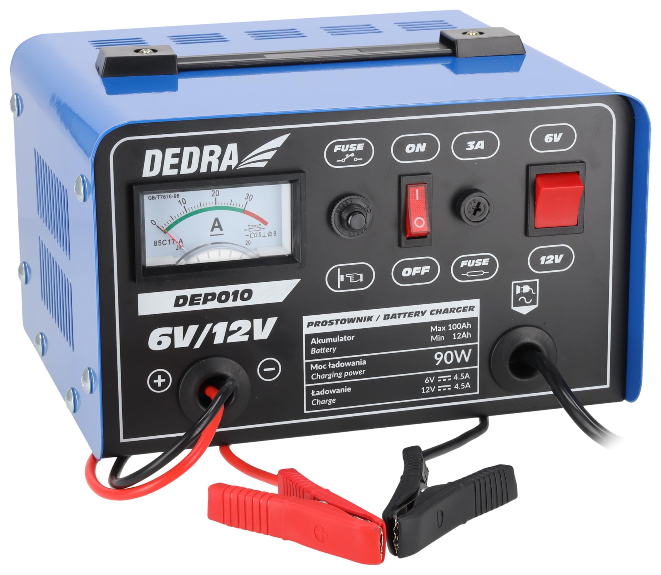 Prostownik, falownik DEDRA 6/12 V moc 12-100 Ah, moc ładowania 90 W, z funkcją wyświetlania prądu, ochrona 3A, długość kabla do ładowania akumulatora: 120 cm,